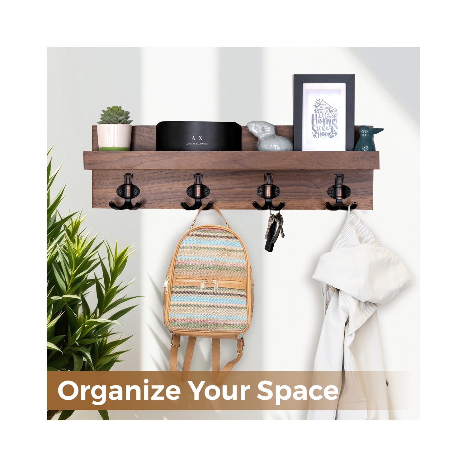 Organisateur d'entrée Straga 23&nbsp;po noyer avec 4 crochets et tablette - Portemanteau mural pour clés, sacs - vestiaire, couloir - Fabriqué au