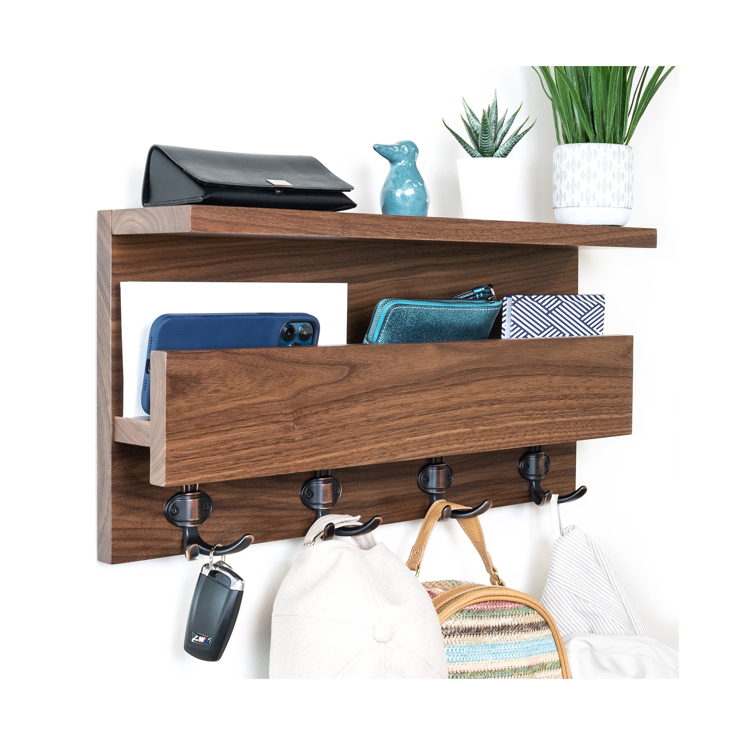 Straga 23" Walnut Coat Rack w/2 Shelves & 4 Hooks - Entryway Organizer for Coats, Keys, Mail - Mudroom, Hallway - Made in Canada 04