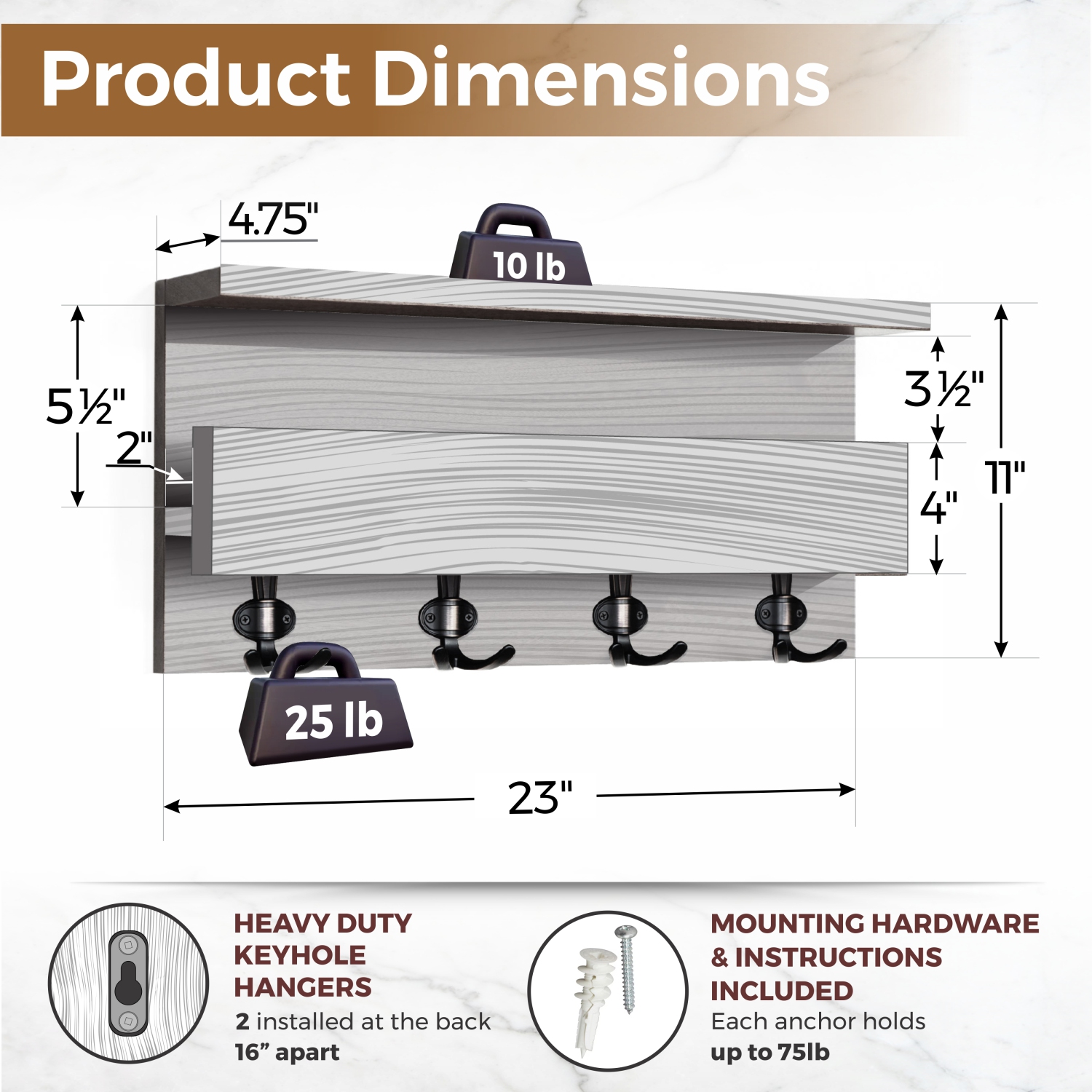 Straga 23" Walnut Coat Rack w/2 Shelves & 4 Hooks - Entryway Organizer for Coats, Keys, Mail - Mudroom, Hallway - Made in Canada 04