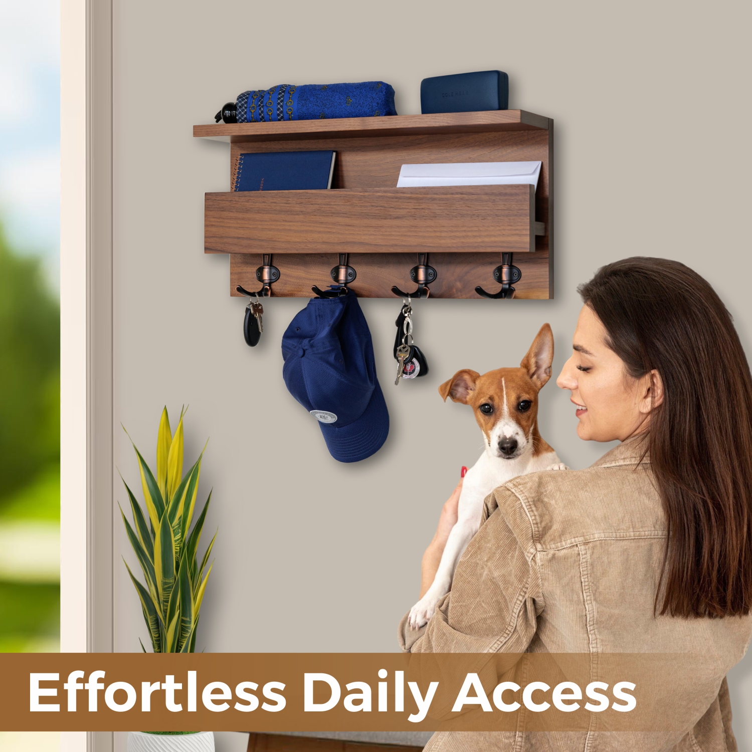 Straga 23" Walnut Coat Rack w/2 Shelves & 4 Hooks - Entryway Organizer for Coats, Keys, Mail - Mudroom, Hallway - Made in Canada 04