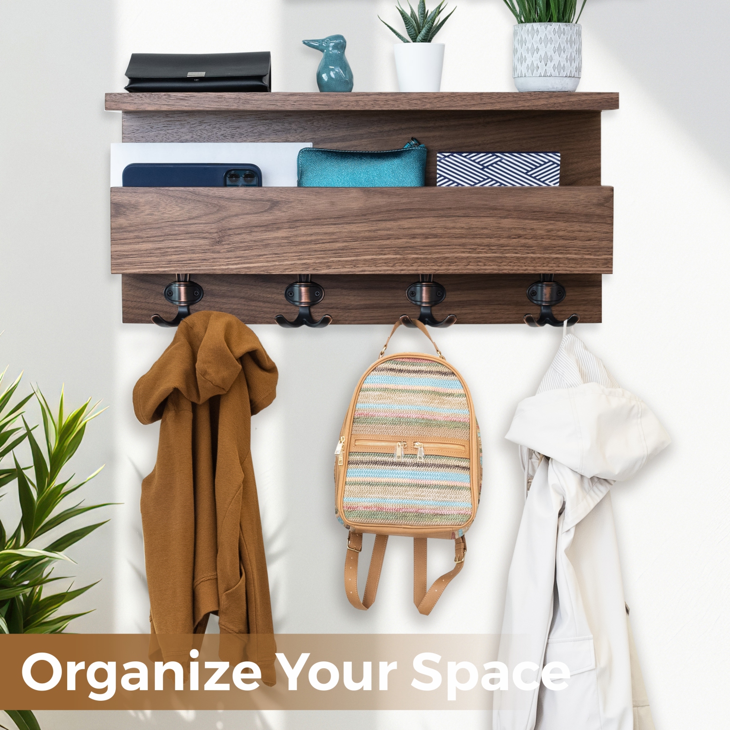 Straga 23" Walnut Coat Rack w/2 Shelves & 4 Hooks - Entryway Organizer for Coats, Keys, Mail - Mudroom, Hallway - Made in Canada 04