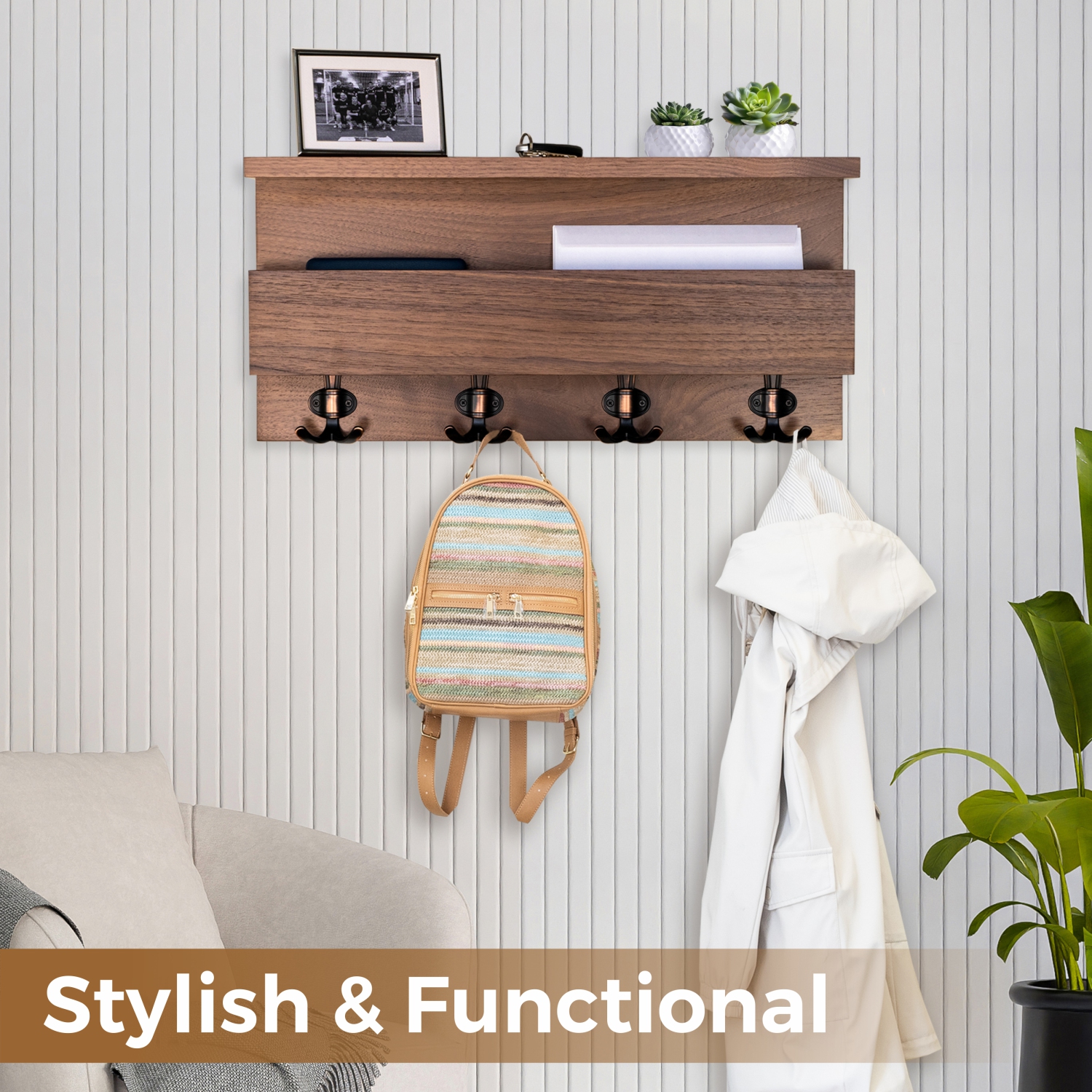 Straga 23" Walnut Coat Rack w/2 Shelves & 4 Hooks - Entryway Organizer for Coats, Keys, Mail - Mudroom, Hallway - Made in Canada 04