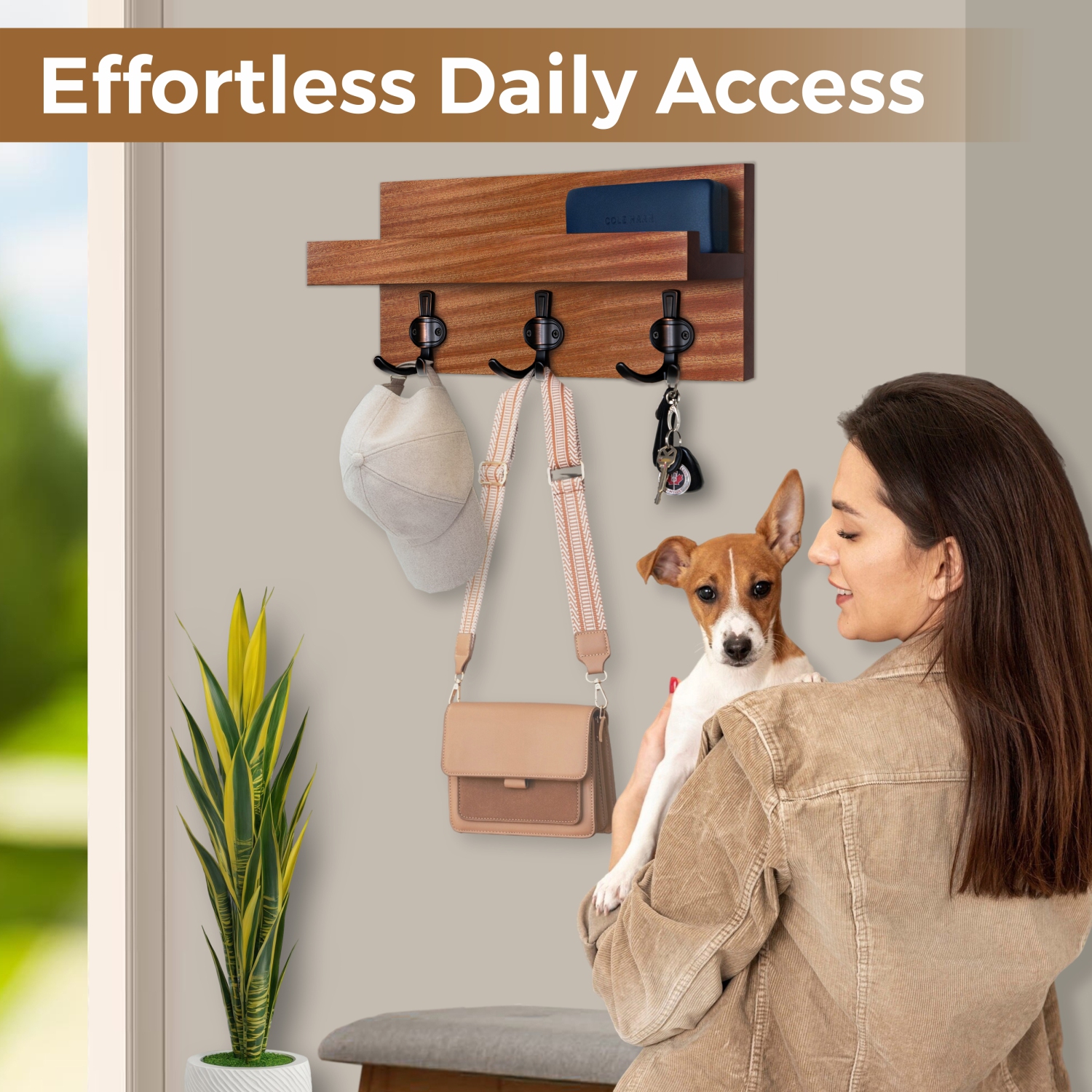 Straga 18" Mahogany Entryway Organizer w/3 Hooks & Shelf - Wall-Mounted for Coats, Keys, Bags - Mudroom, Hallway - Made in Canada 10