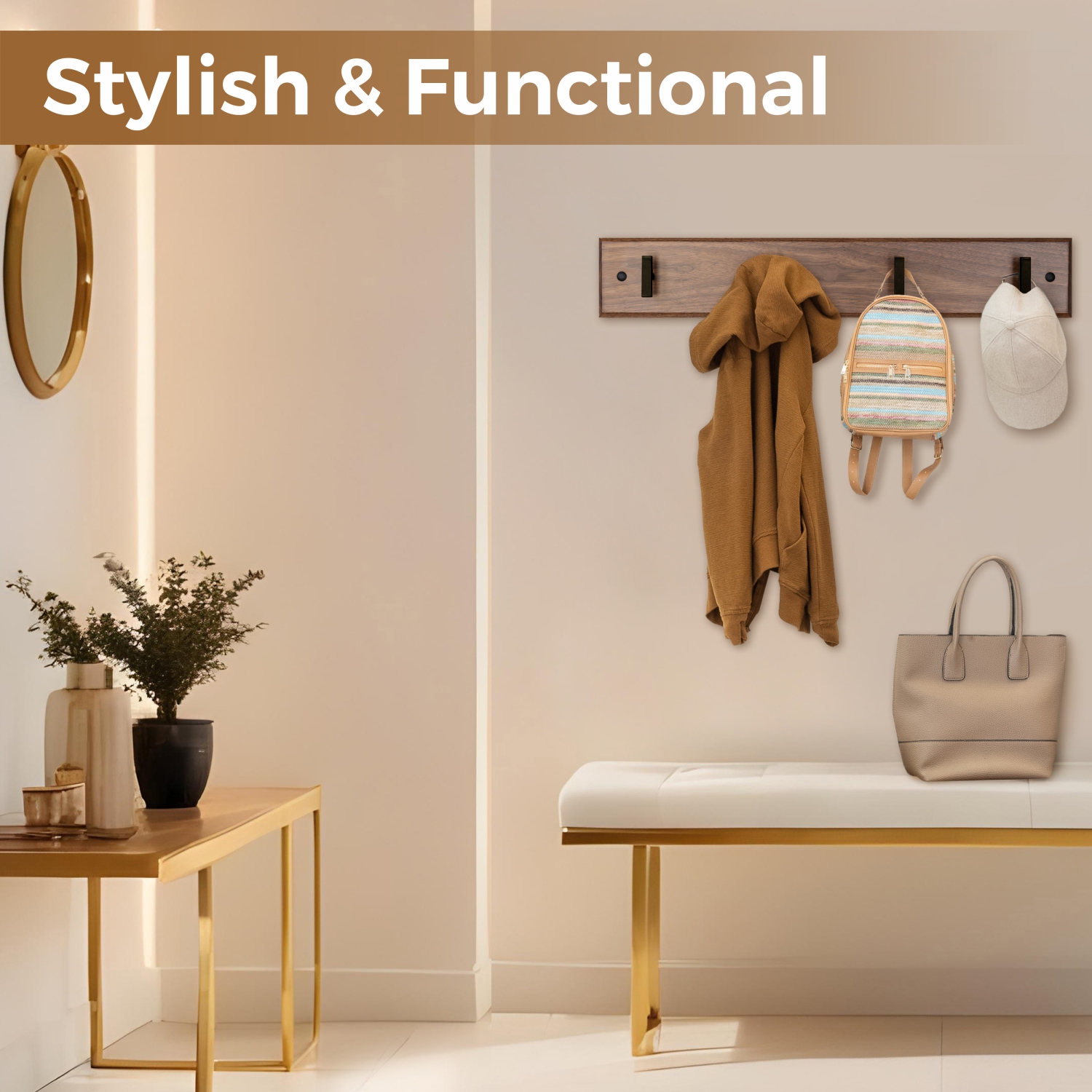 Straga Premium 23" Walnut Coat Rack w/4 Heavy-Duty Hooks - Luxury Entryway Organizer - 100 lb Capacity - Made in Canada 12