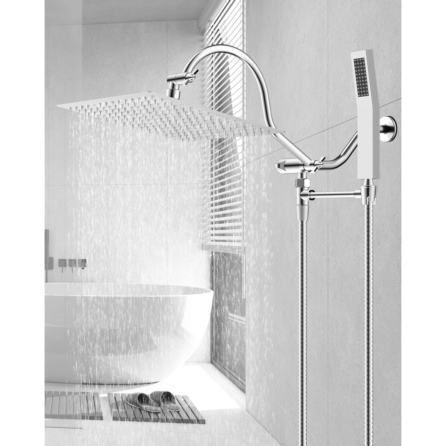 All Metal Shower Head, 10'' High Pressure Rainfall Shower Head, Showerhead Combo/Handheld Shower Wand, 12'' Adjustable Curved Shower Extension Arm,
