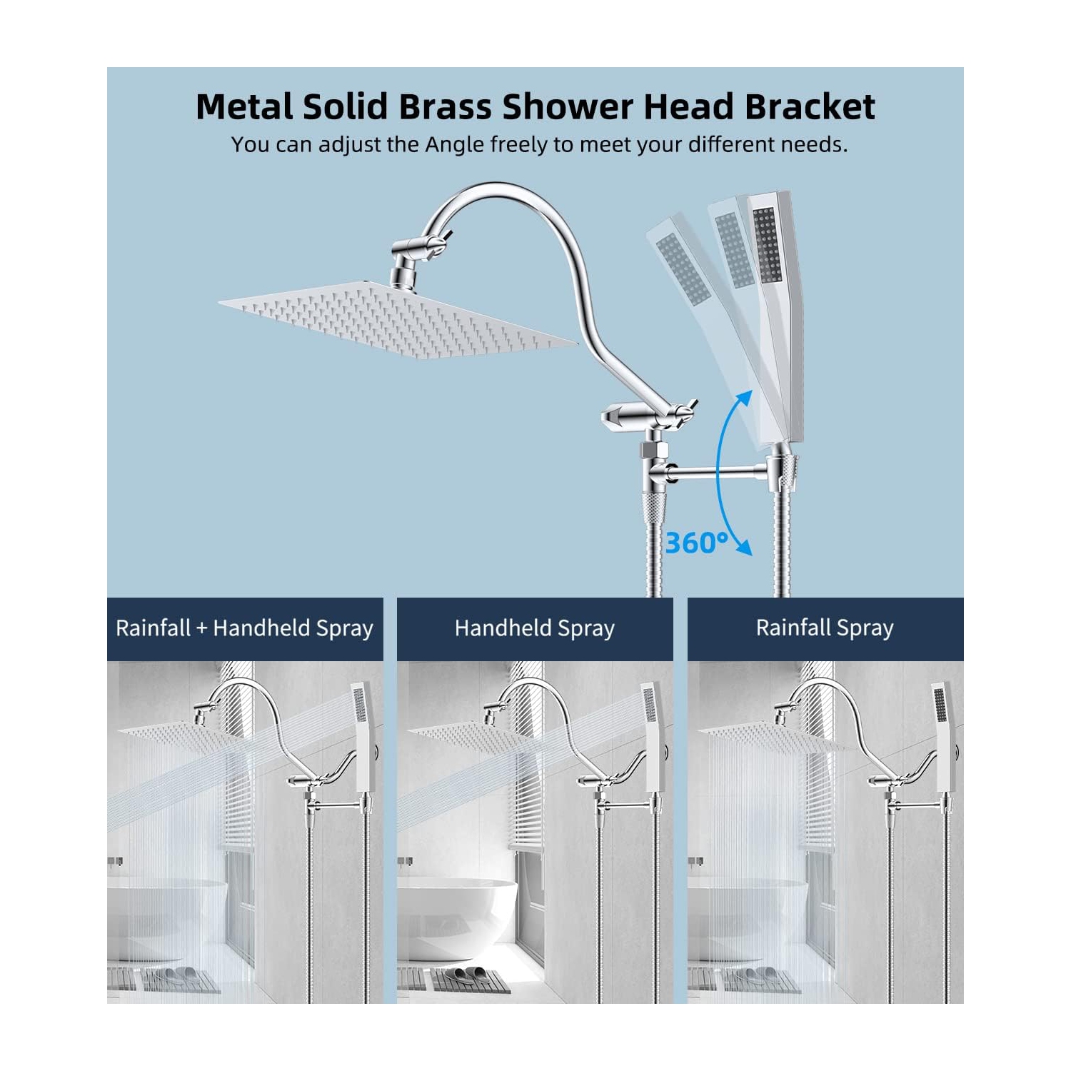 All Metal Shower Head, 10'' High Pressure Rainfall Shower Head, Showerhead Combo/Handheld Shower Wand, 12'' Adjustable Curved Shower Extension Arm,