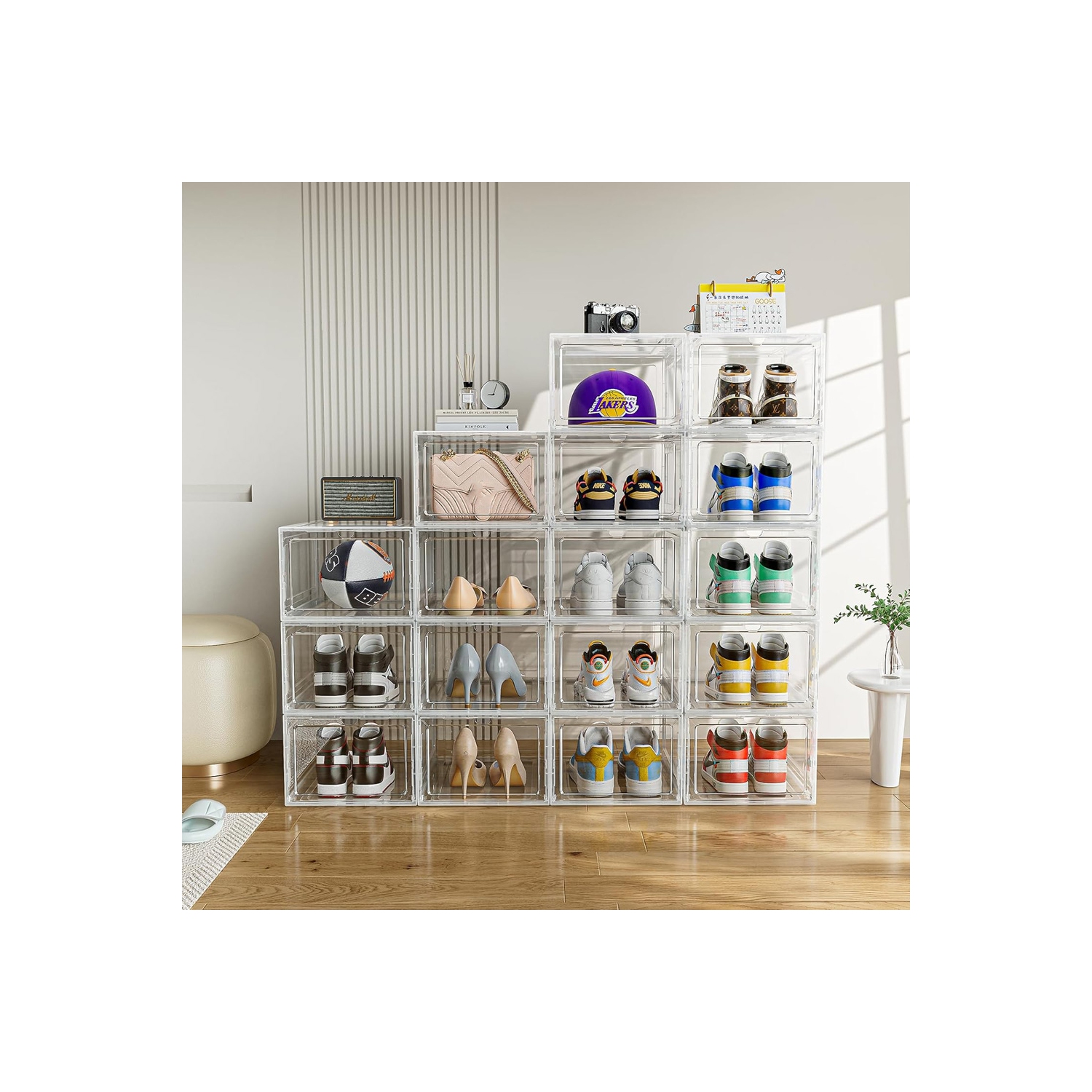 Boîte à chaussures empilable d'AxGear – Présentoir transparent et pliable, super transparent, boîte de 1