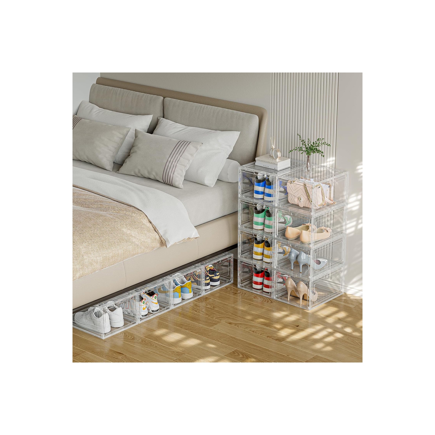 Boîte à chaussures empilable d'AxGear – Présentoir transparent et pliable, super transparent, boîte de 1