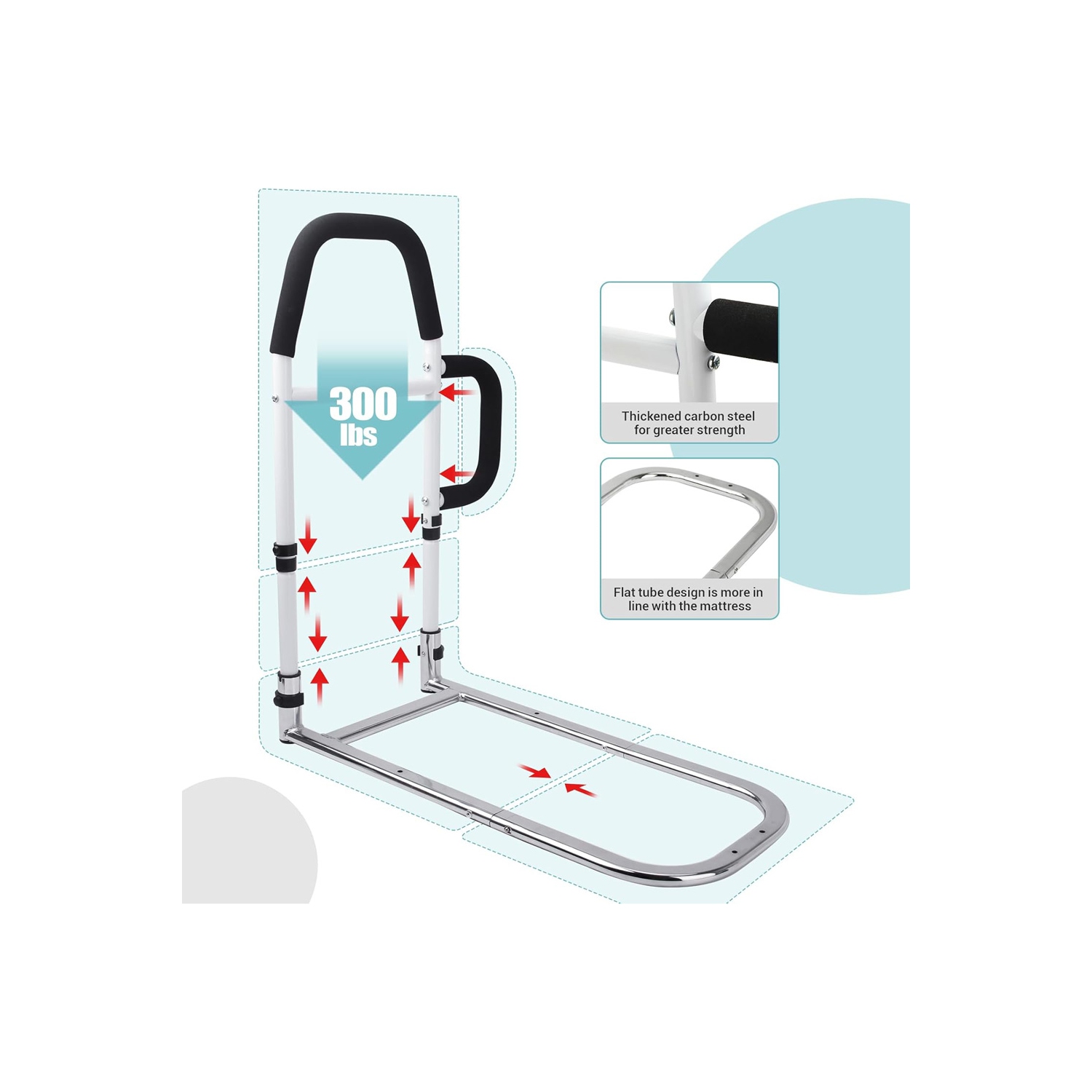 Rail de maintien de lit d'AxGear avec deux barres d'appui, protection contre les chutes, pochette de rangement