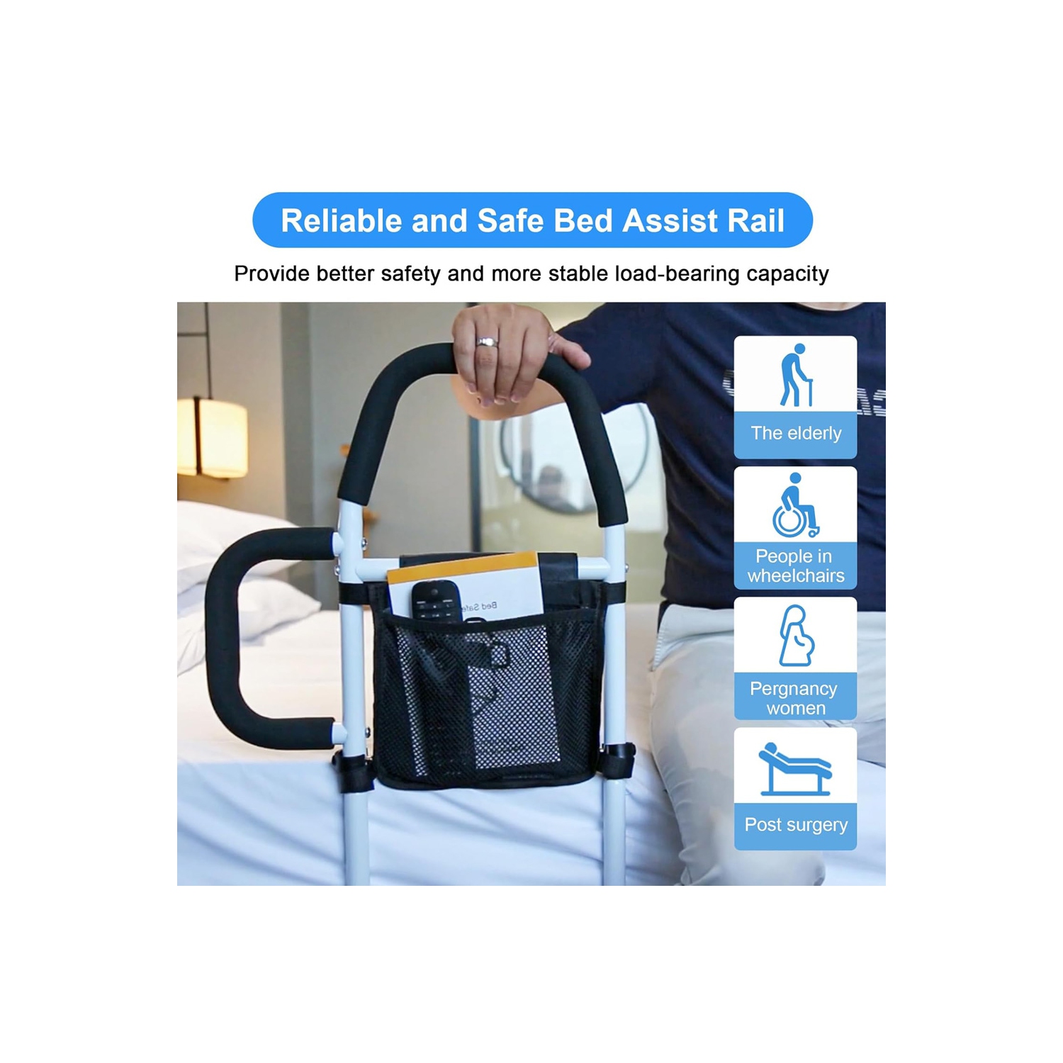 Rail de maintien de lit d'AxGear avec deux barres d'appui, protection contre les chutes, pochette de rangement