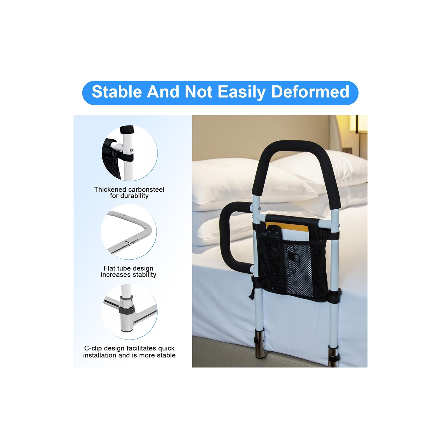 Rail de maintien de lit d'AxGear avec deux barres d'appui, protection contre les chutes, pochette de rangement