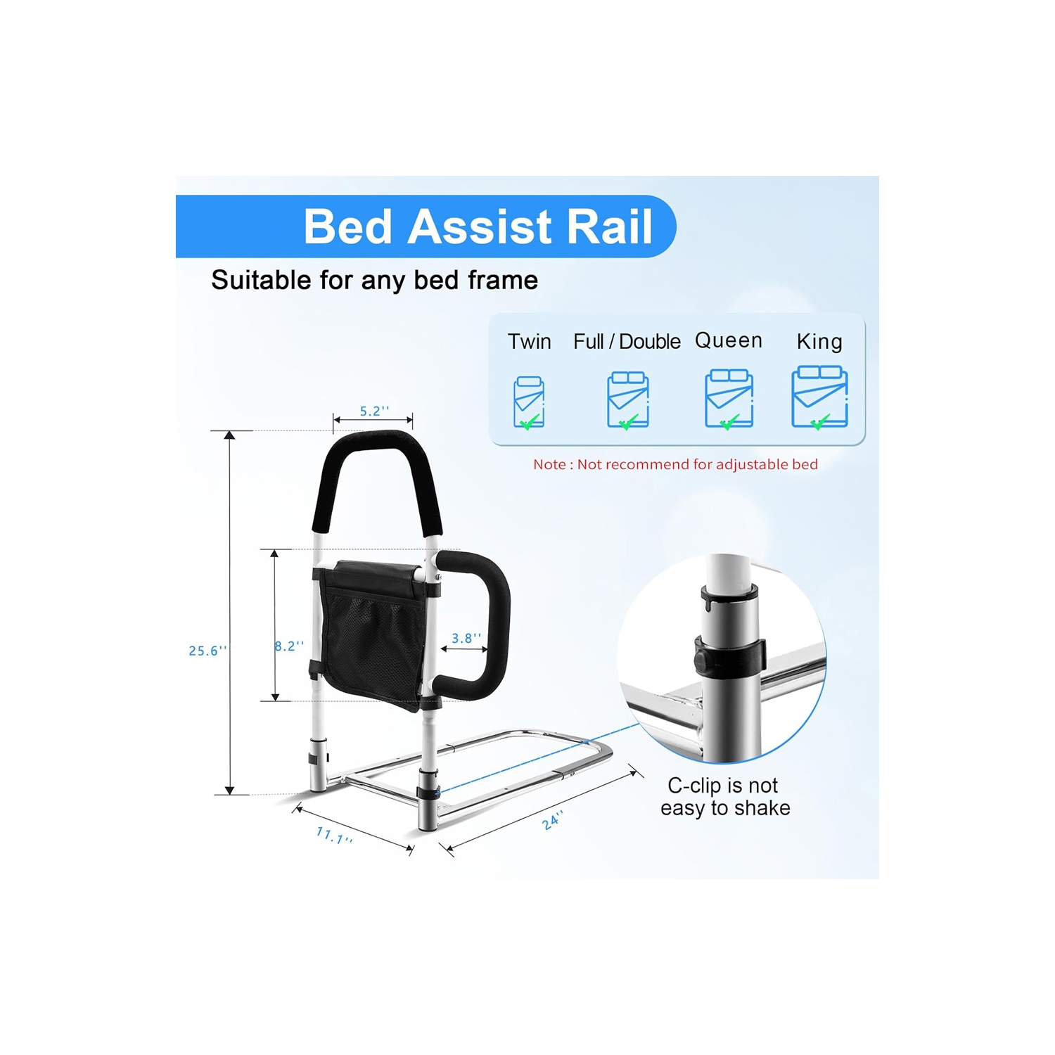 Rail de maintien de lit d'AxGear avec deux barres d'appui, protection contre les chutes, pochette de rangement