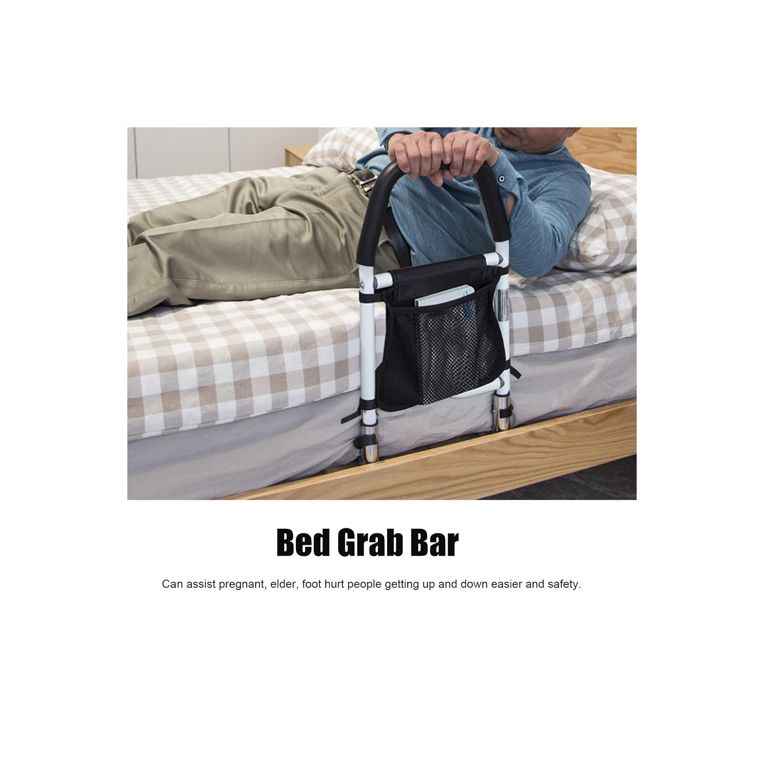 Rail de maintien de lit d'AxGear avec deux barres d'appui, protection contre les chutes, pochette de rangement