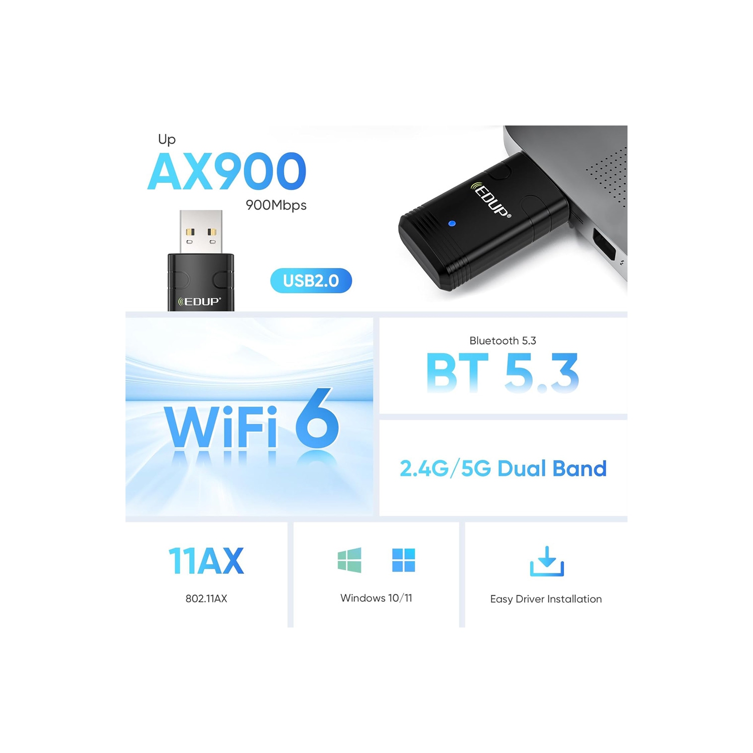 Adaptateur USB Wi-Fi 6 d'AxGear Clé Bluetooth 5,3 Carte réseau sans fil bibande