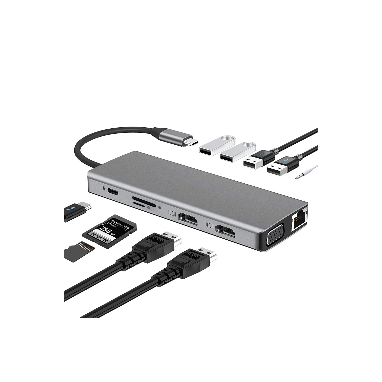 axGear USB Type C Dual HDMI VGA Adapter Card Reader USB 3.0 HUB Screen Mirror