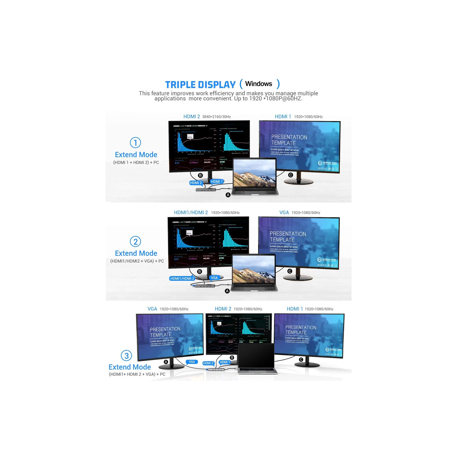 axGear USB Type C Dual HDMI VGA Adapter Card Reader USB 3.0 HUB Screen Mirror