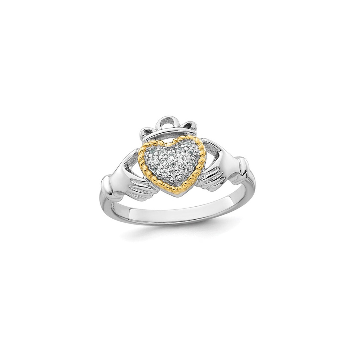 Polished Claddagh Heart Ring in Sterling Silver with Cubic Zirconias
