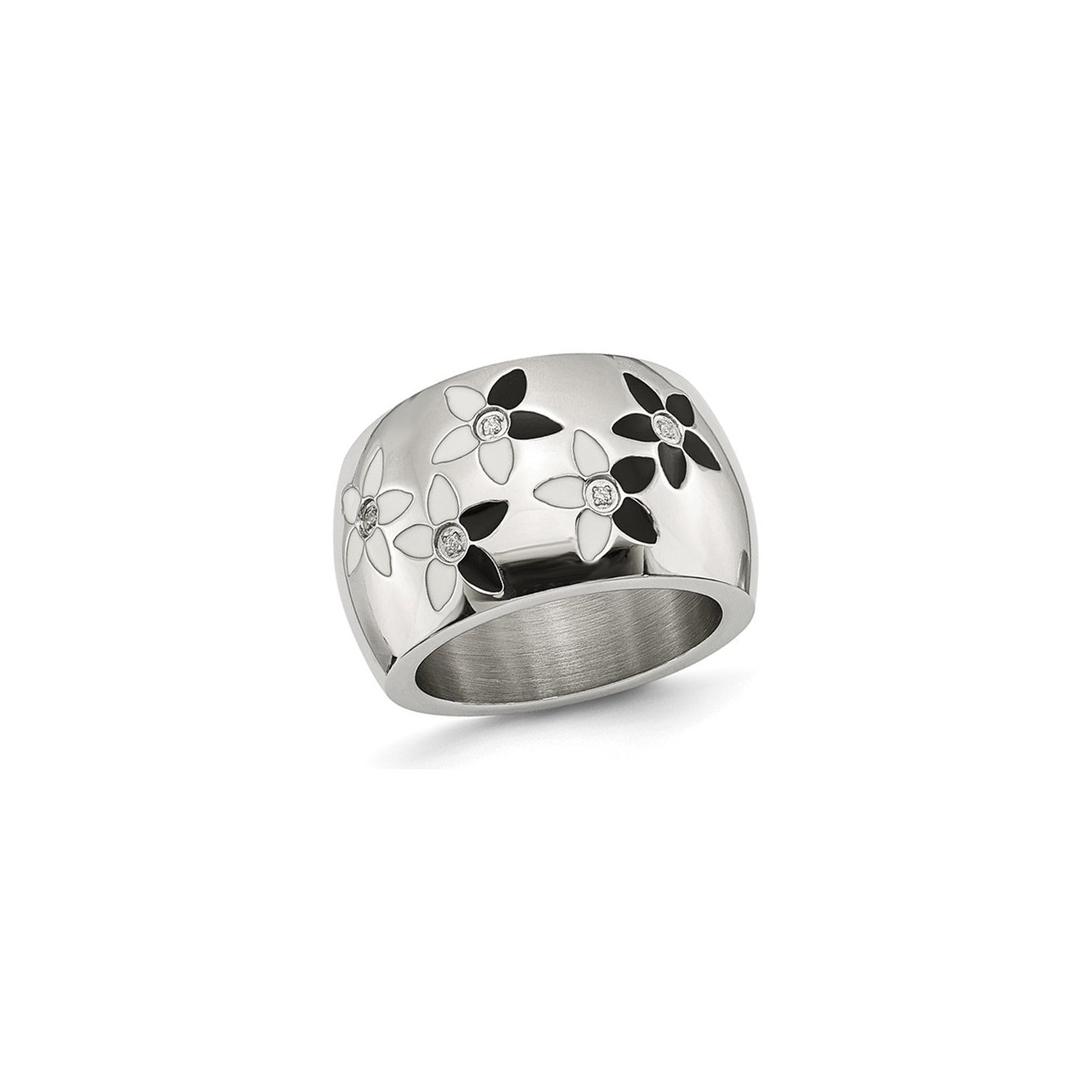 Stainless Steel Polished Black and White Flower Ring