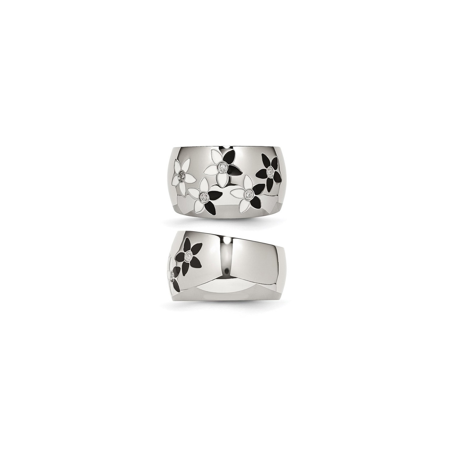 Stainless Steel Polished Black and White Flower Ring