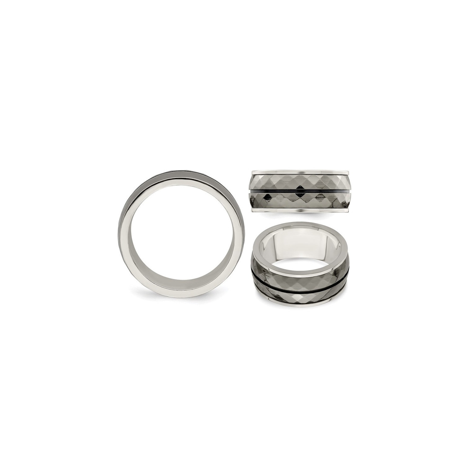 Alliance homme en argent sterling à facettes avec rayures titane noir