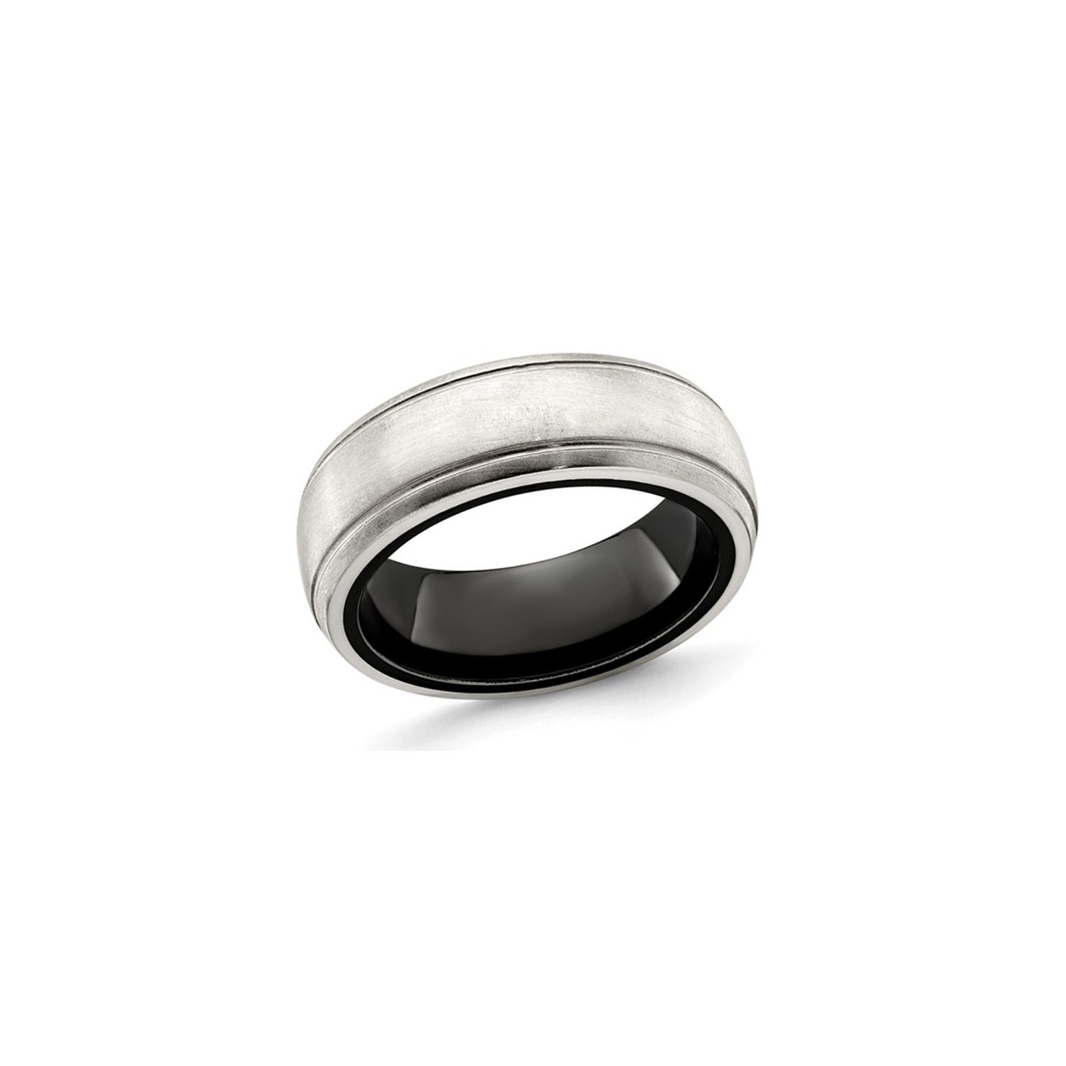 Mens Black Titanium with Silver Dome Groove Band Ring
