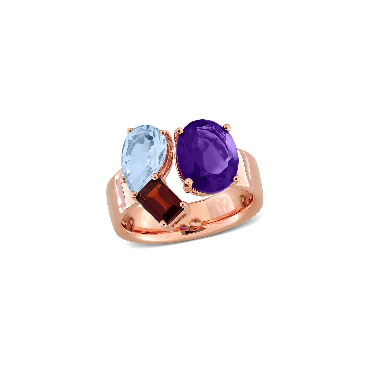4.70 Carat African Amethyst, Blue Topaz and Garnet Open Ring in Rose Sterling Silver