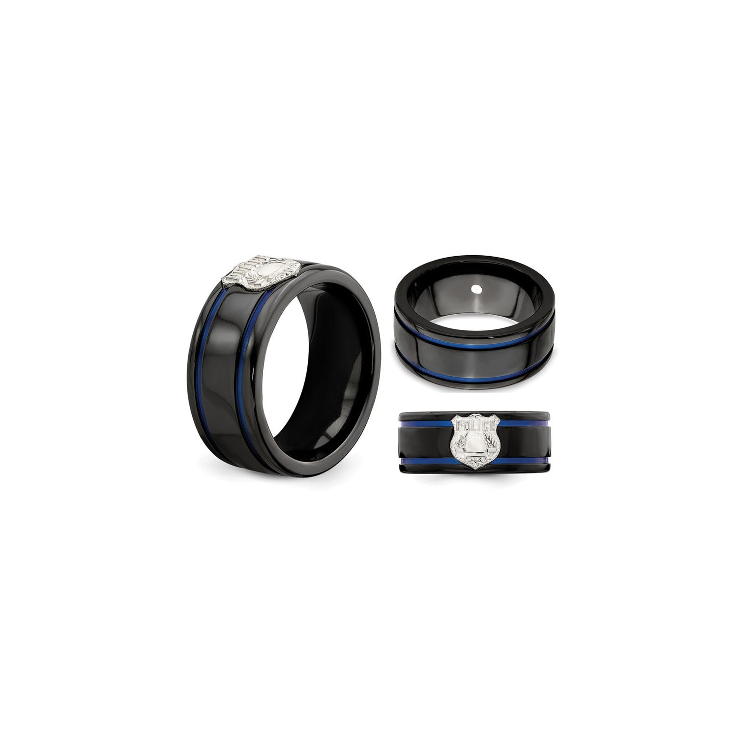 Mens Black Titanium with Silver Police Shield Band Ring