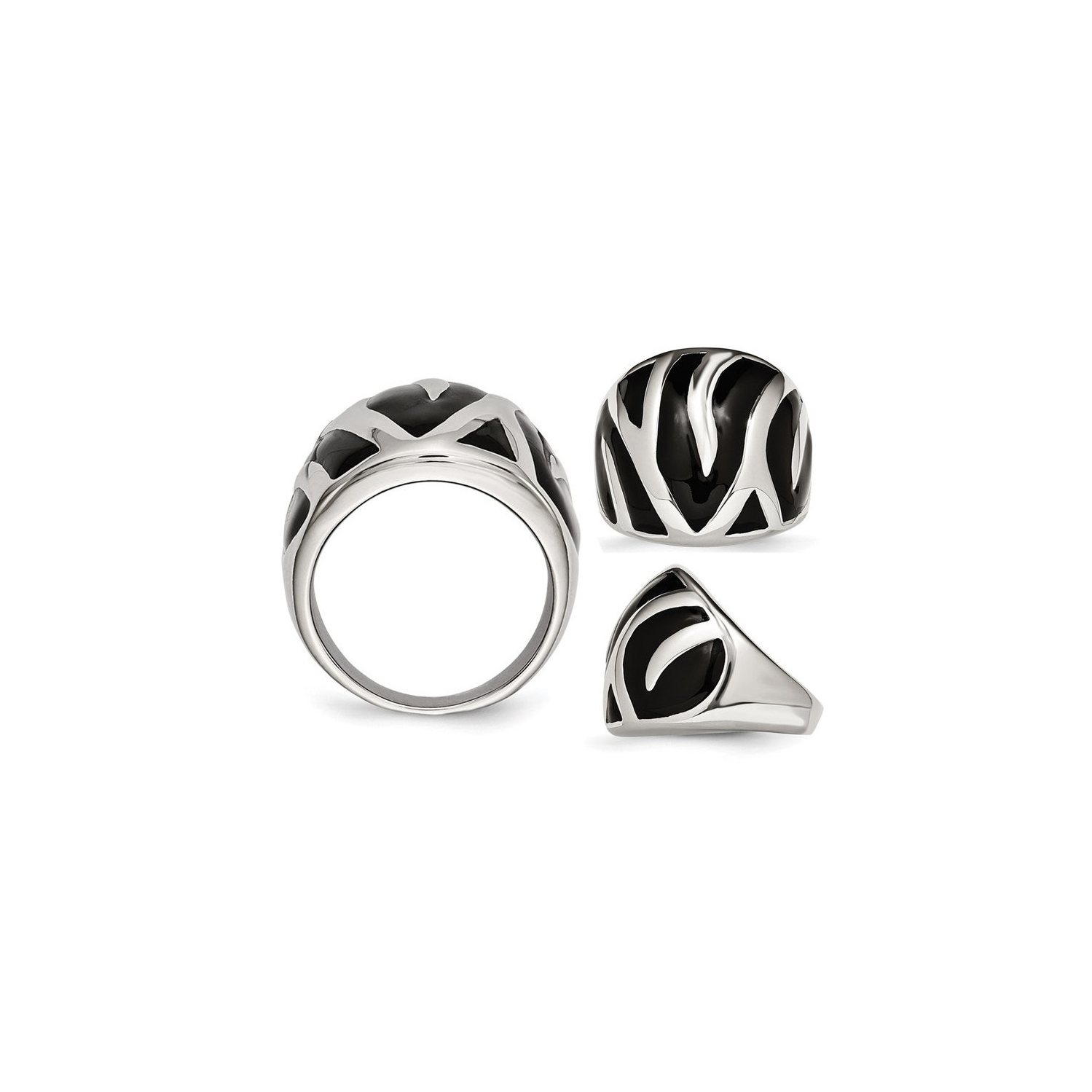 Black Eamel Stainless Steel Zebra Polished Ring