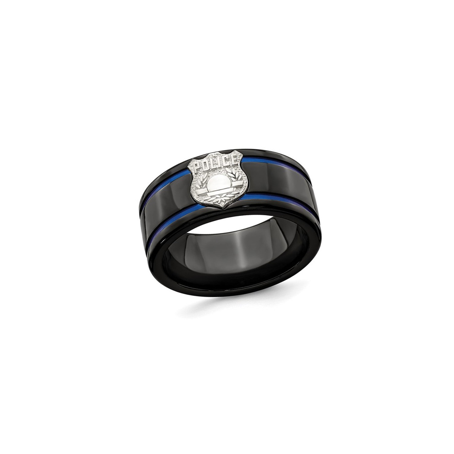 Mens Black Titanium with Silver Police Shield Band Ring