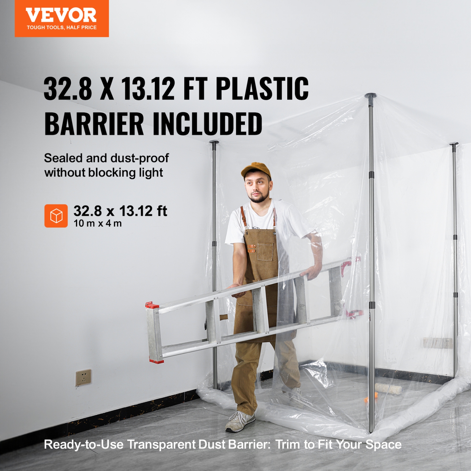 VEVOR 10 Ft Dust Barrier Poles, Carry Bag, Poles with 4 Telescoping Poles, and 32.8x13.12 Ft Plastic Film, for Interior Decoration and Painting
