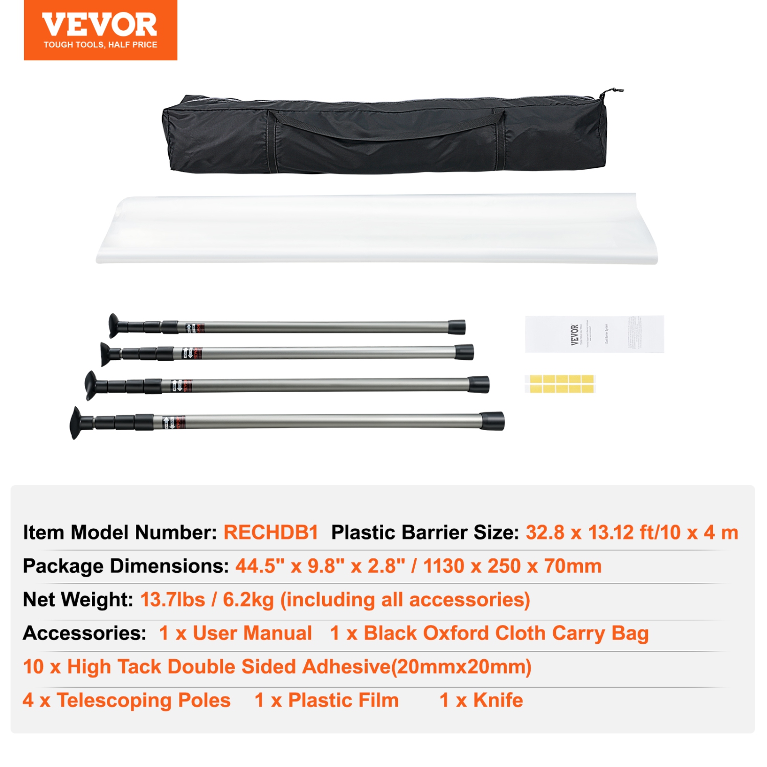 VEVOR 10 Ft Dust Barrier Poles, Carry Bag, Poles with 4 Telescoping Poles, and 32.8x13.12 Ft Plastic Film, for Interior Decoration and Painting