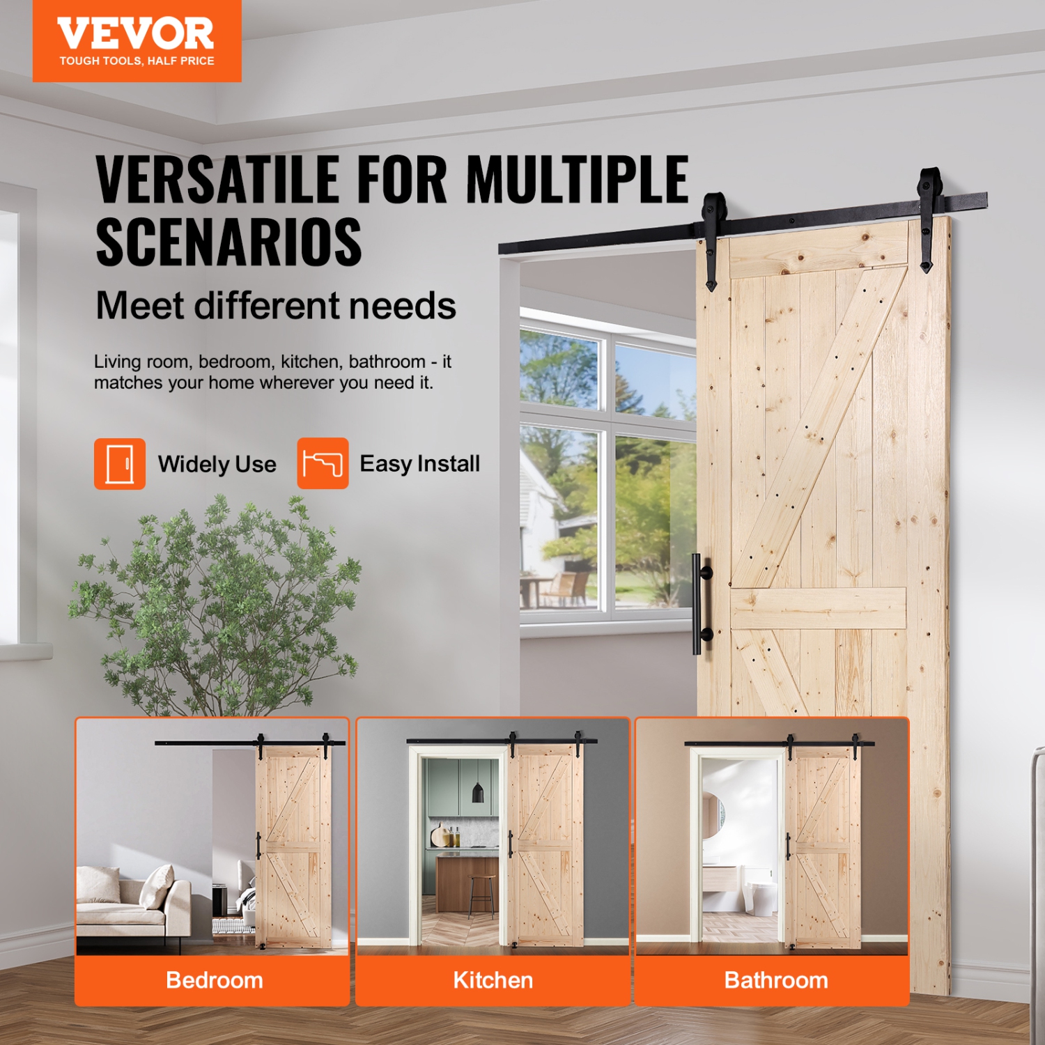 VEVOR 30" x 84" Barn Door and Hardware Kit, Wood Sliding Barn Door, Smoothly and Quietly, Barn Door Kit with 8-in-1 Floor Guide and Door Handle,
