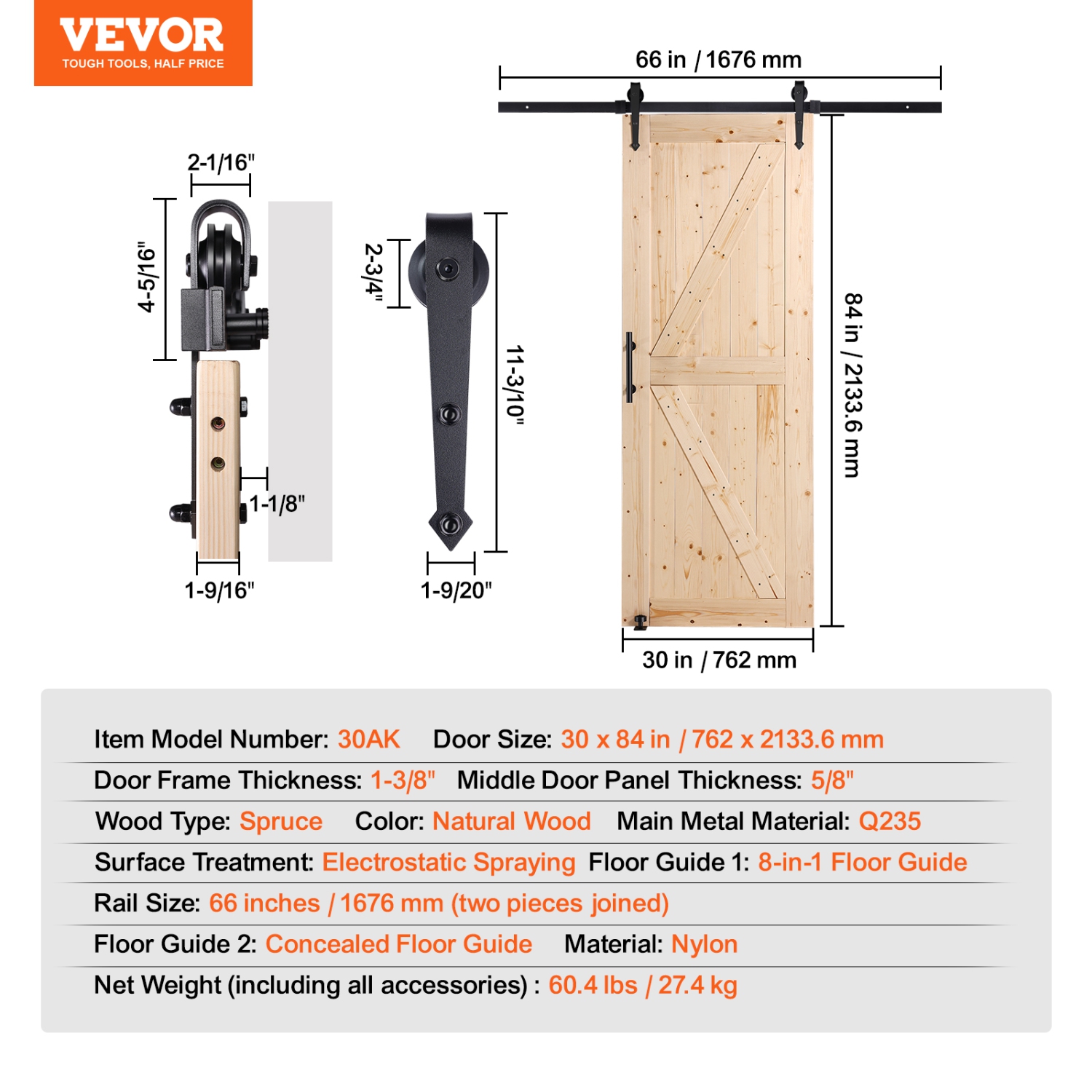 VEVOR 30" x 84" Barn Door and Hardware Kit, Wood Sliding Barn Door, Smoothly and Quietly, Barn Door Kit with 8-in-1 Floor Guide and Door Handle,