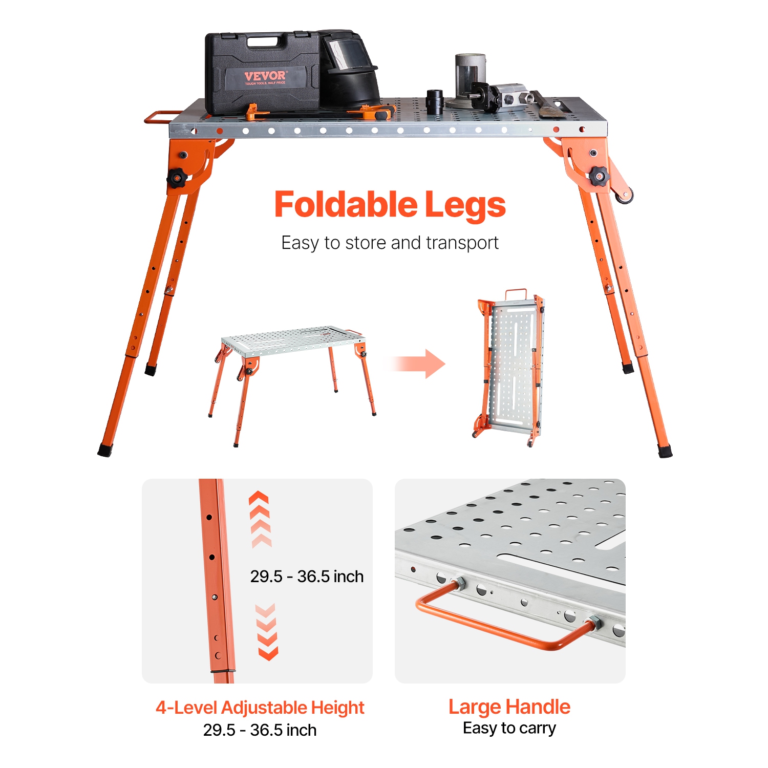 VEVOR 44" x 21" Foldable Welding Table, 500LBS Capacity Welding Workbench with 4-Level Adjustable Height,Carbon Steel Work Bench with 6 Tool Slots &