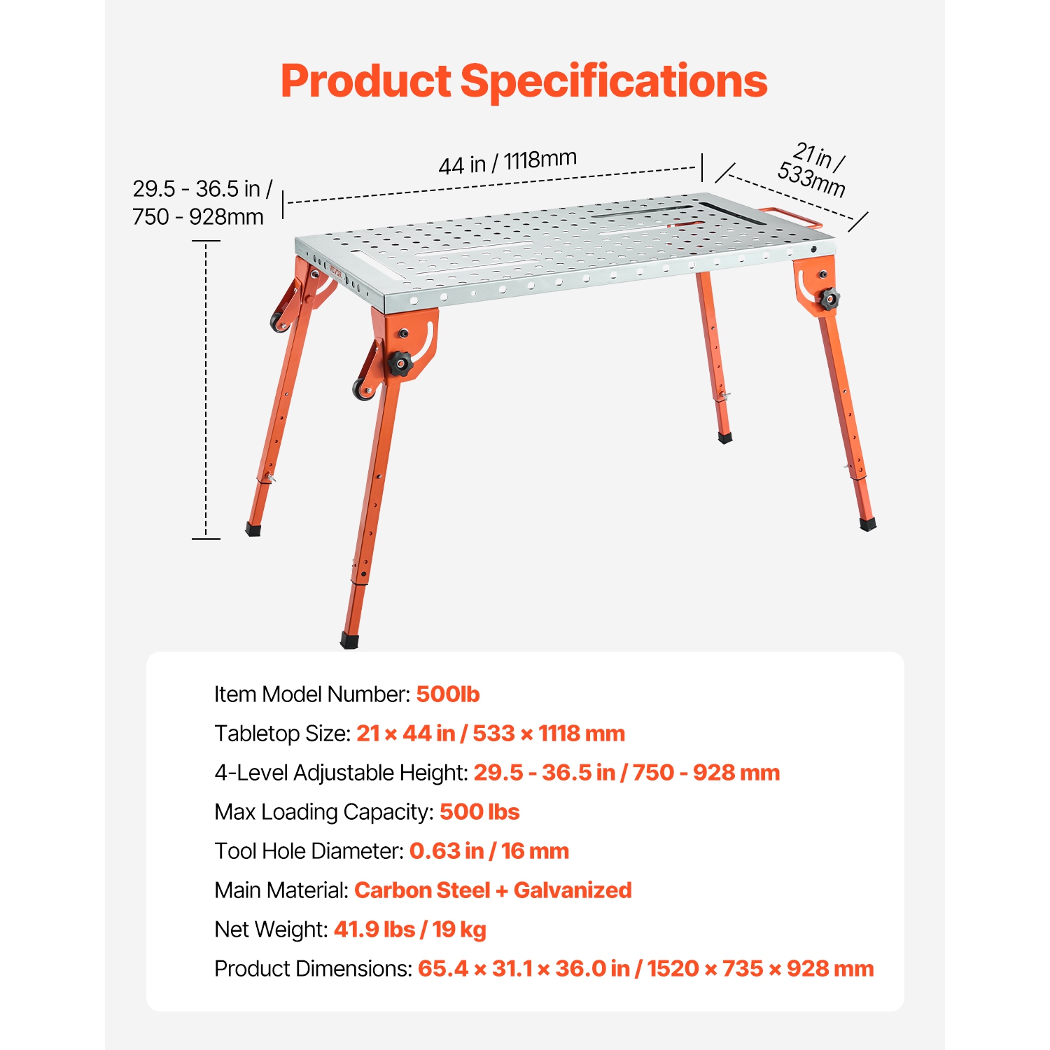 VEVOR 44" x 21" Foldable Welding Table, 500LBS Capacity Welding Workbench with 4-Level Adjustable Height,Carbon Steel Work Bench with 6 Tool Slots &