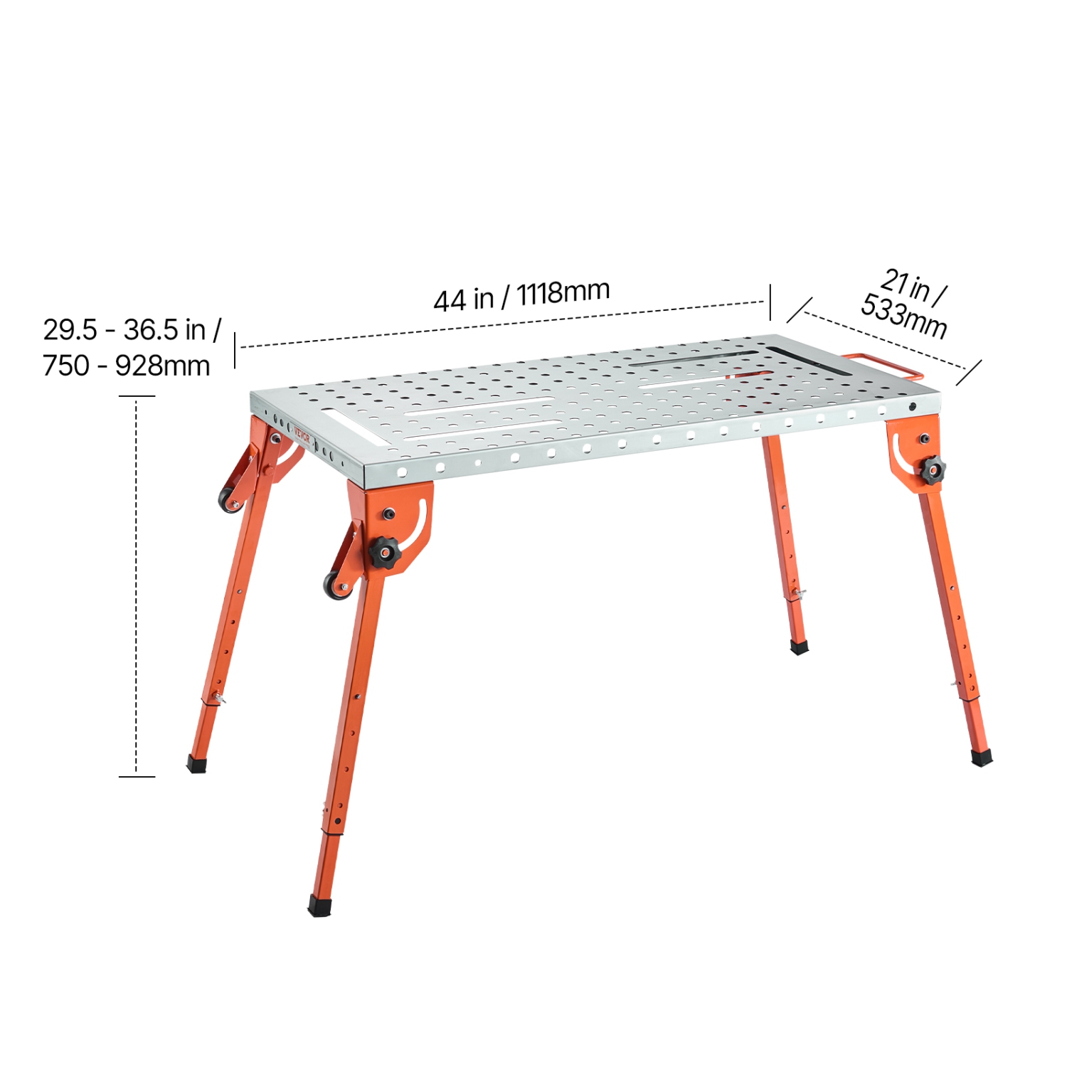 VEVOR 44" x 21" Foldable Welding Table, 500LBS Capacity Welding Workbench with 4-Level Adjustable Height,Carbon Steel Work Bench with 6 Tool Slots &