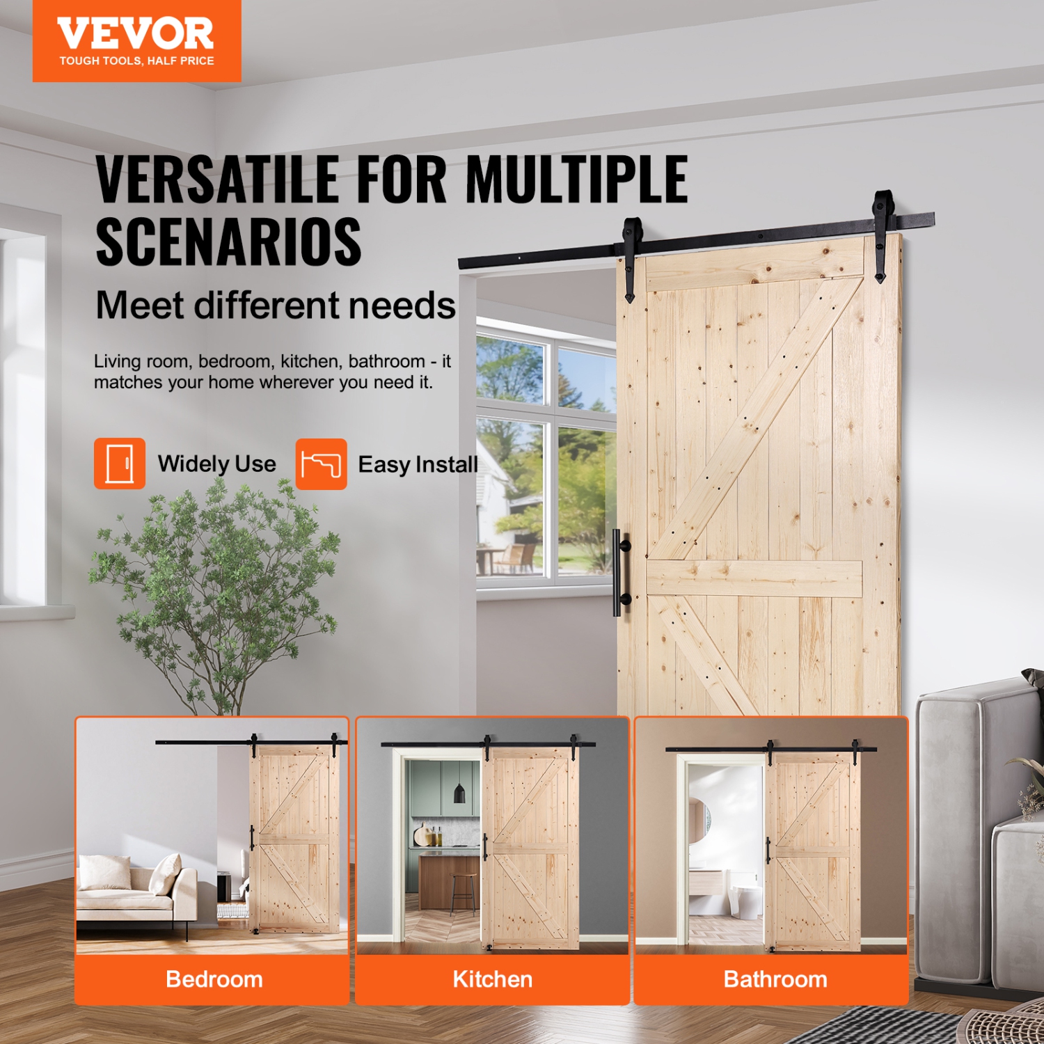 VEVOR 42" x 84" Barn Door and Hardware Kit, Wood Sliding Barn Door, Smoothly and Quietly, Barn Door Kit with 8-in-1 Floor Guide and Door Handle,