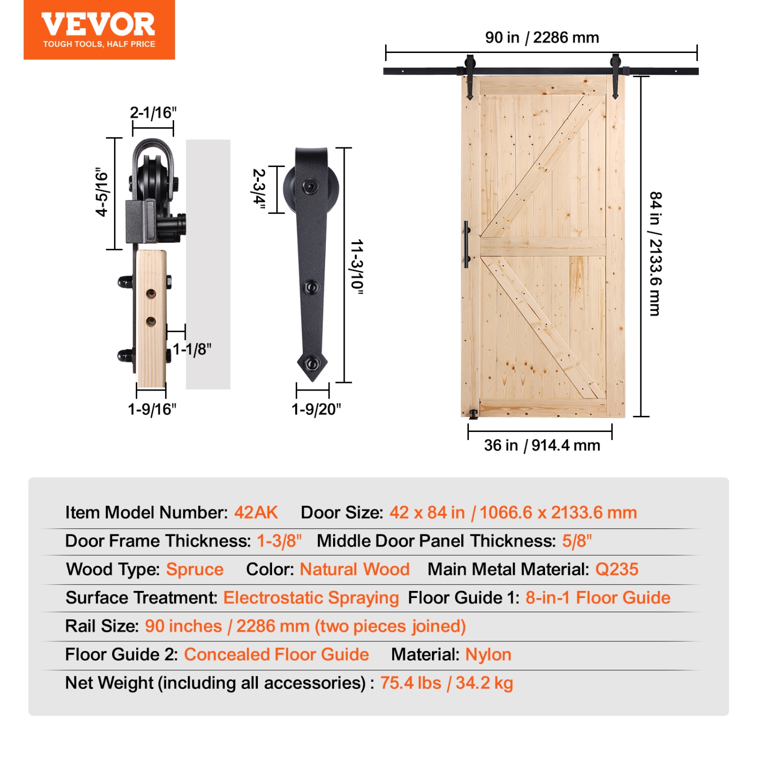 VEVOR 42" x 84" Barn Door and Hardware Kit, Wood Sliding Barn Door, Smoothly and Quietly, Barn Door Kit with 8-in-1 Floor Guide and Door Handle,