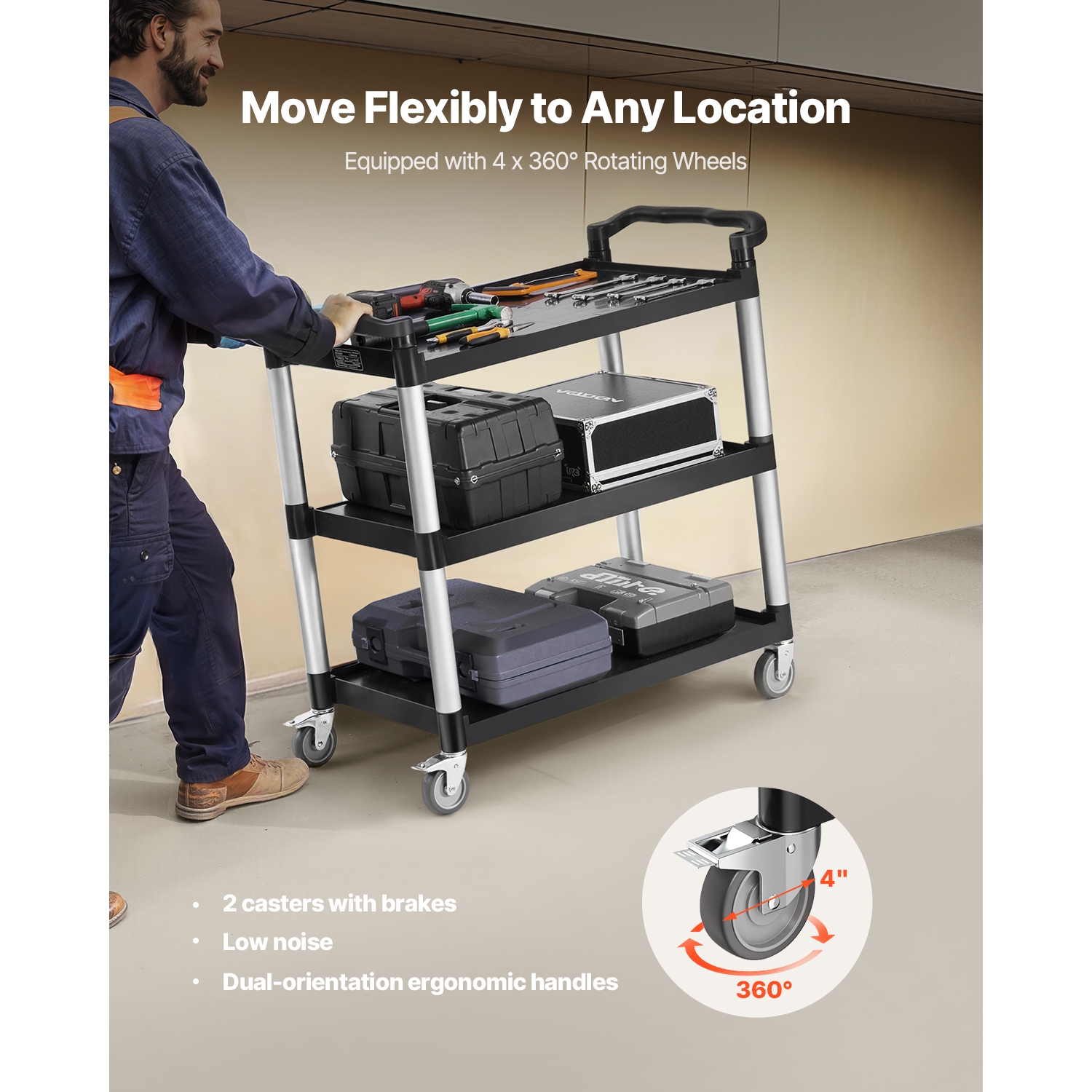 VEVOR 3-tier Utility Plastic Cart,500 lbs Load Capacity,with 360° Swivel Wheels,31.1 x 19.3-inch Food Service Cart for Warehouse, Office, Home,
