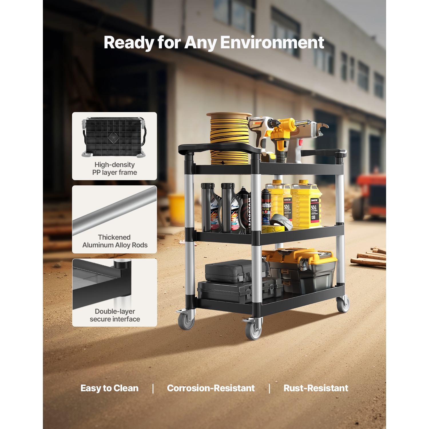 VEVOR 3-tier Utility Plastic Cart,500 lbs Load Capacity,with 360° Swivel Wheels,31.1 x 19.3-inch Food Service Cart for Warehouse, Office, Home,
