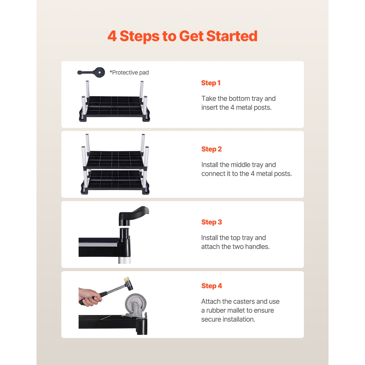VEVOR 3-tier Utility Plastic Cart,500 lbs Load Capacity,with 360° Swivel Wheels,31.1 x 19.3-inch Food Service Cart for Warehouse, Office, Home,