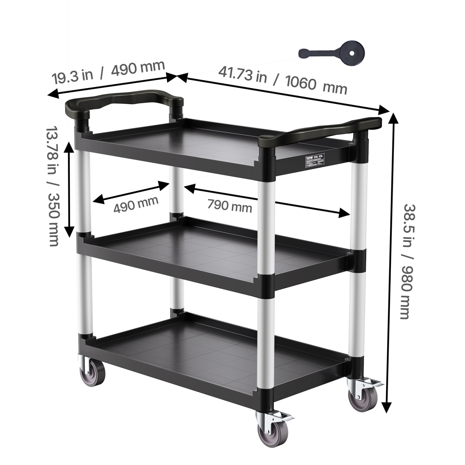 VEVOR 3-tier Utility Plastic Cart,500 lbs Load Capacity,with 360° Swivel Wheels,31.1 x 19.3-inch Food Service Cart for Warehouse, Office, Home,