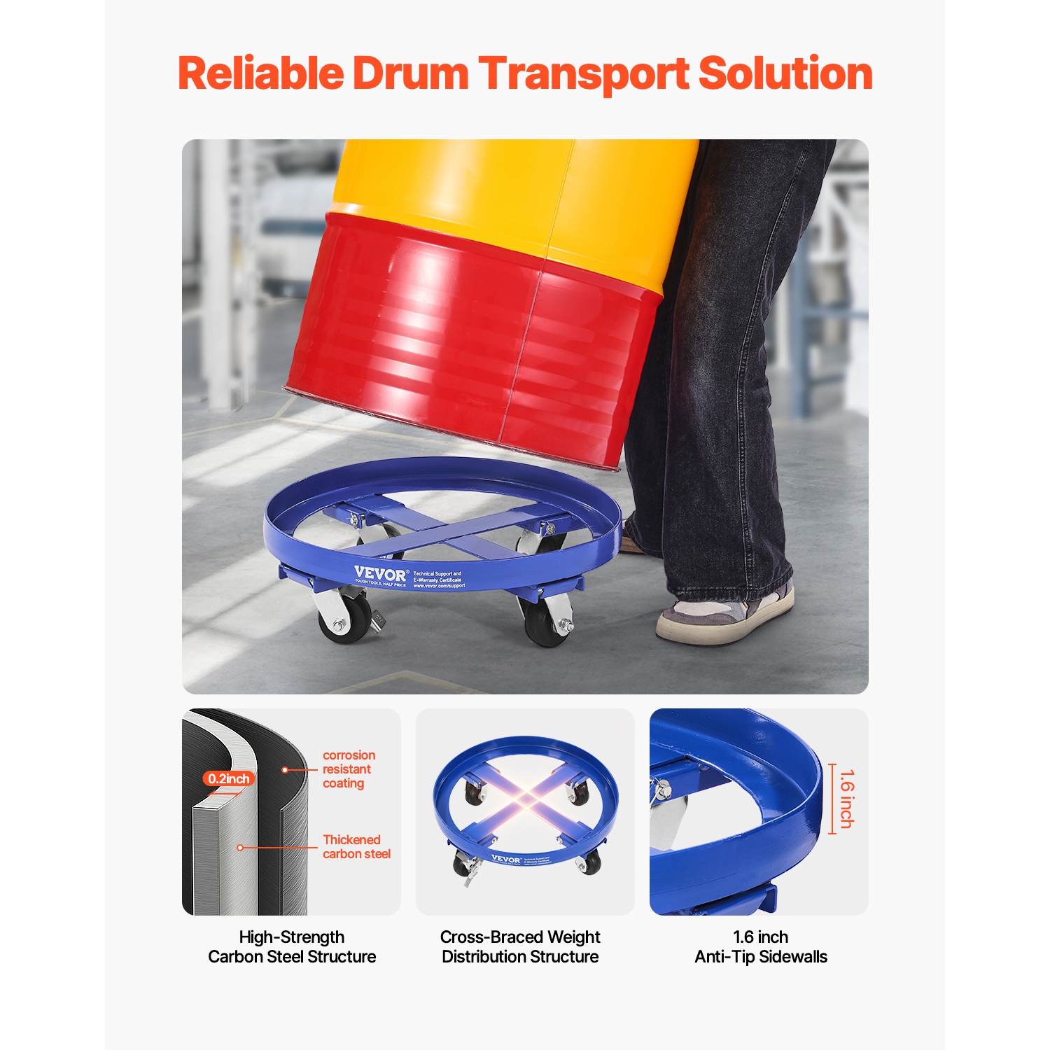 VEVOR 55 Gallon Drum Dolly, 2000 lbs Capacity, Barrel Dolly with Cross Braces and 4 Swivel Caster Wheels, Non Tipping Hand Truck Capacity Dollies for