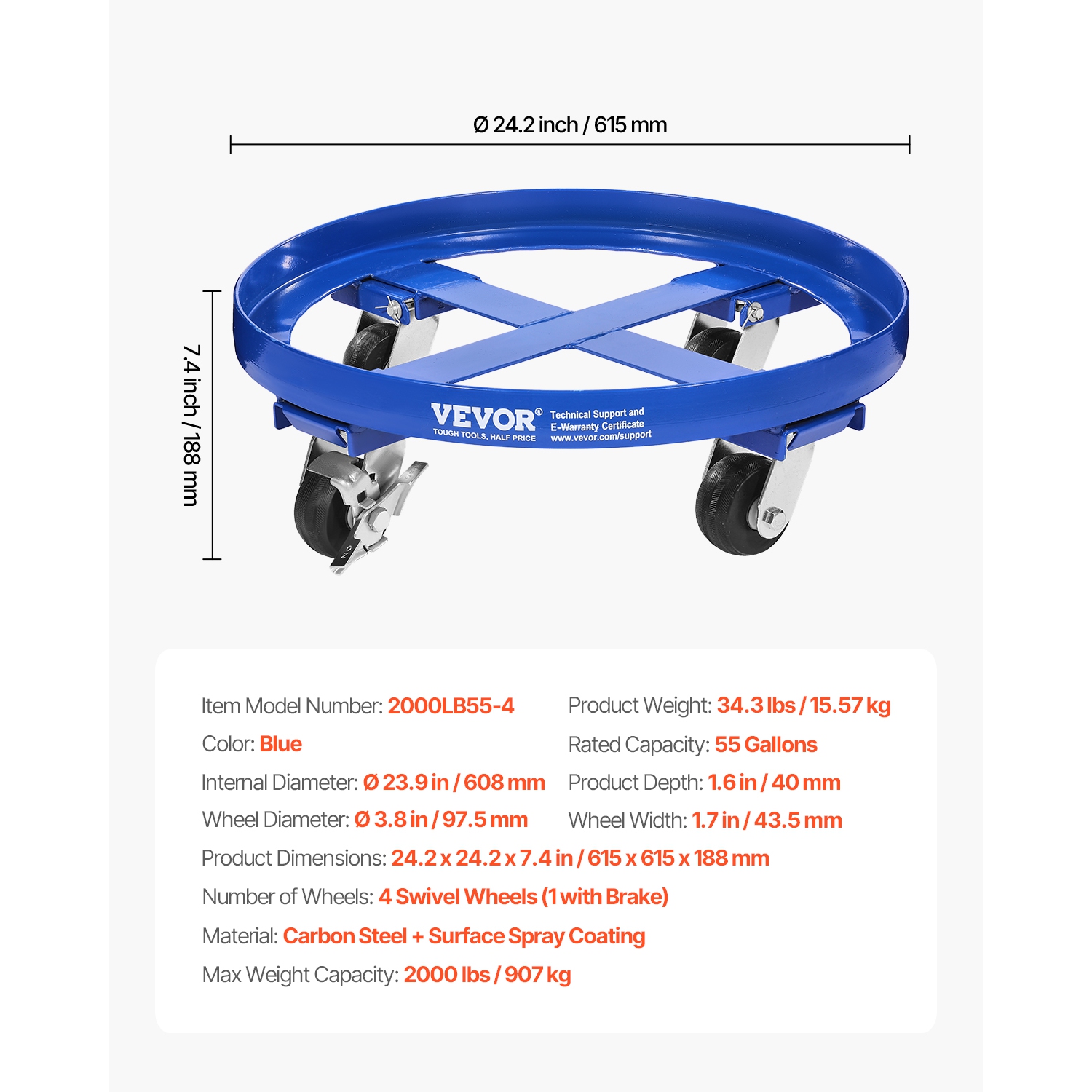 VEVOR 55 Gallon Drum Dolly, 2000 lbs Capacity, Barrel Dolly with Cross Braces and 4 Swivel Caster Wheels, Non Tipping Hand Truck Capacity Dollies for