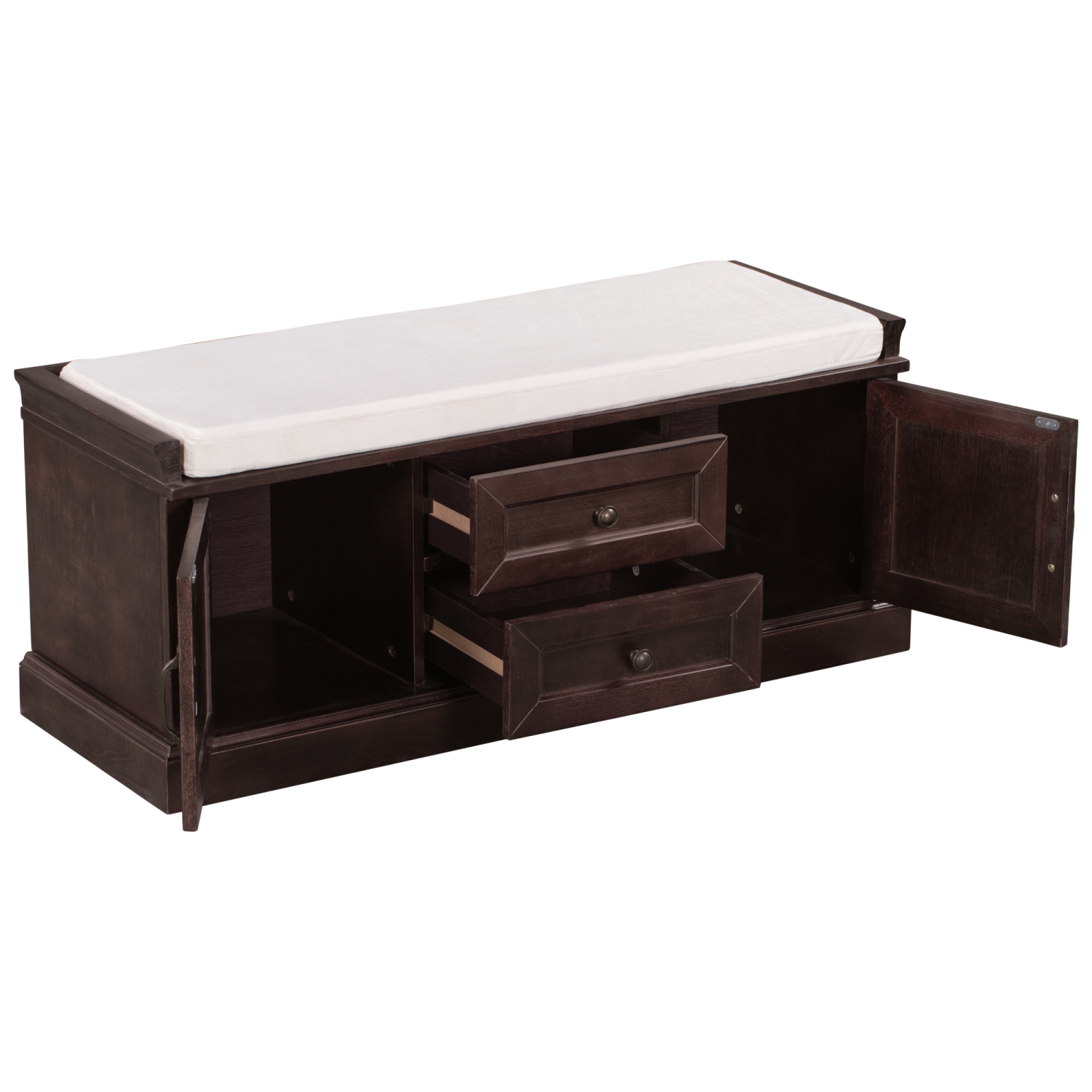 Banc de rangement Kepooman avec 2 portes et 2 tiroirs, banc à chaussures avec coussin amovible pour le salon, entrée - Espresso