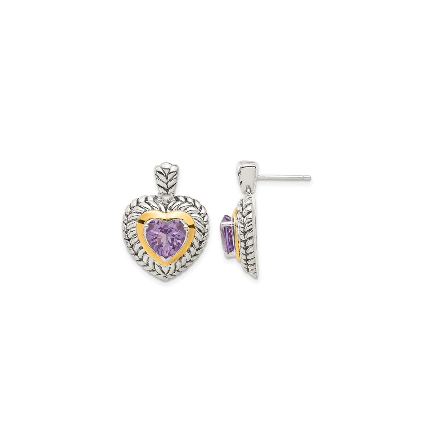 3.60 Carat Amethyst Heart Dangle Earrings in Sterling Silver with 14K Gold Accents