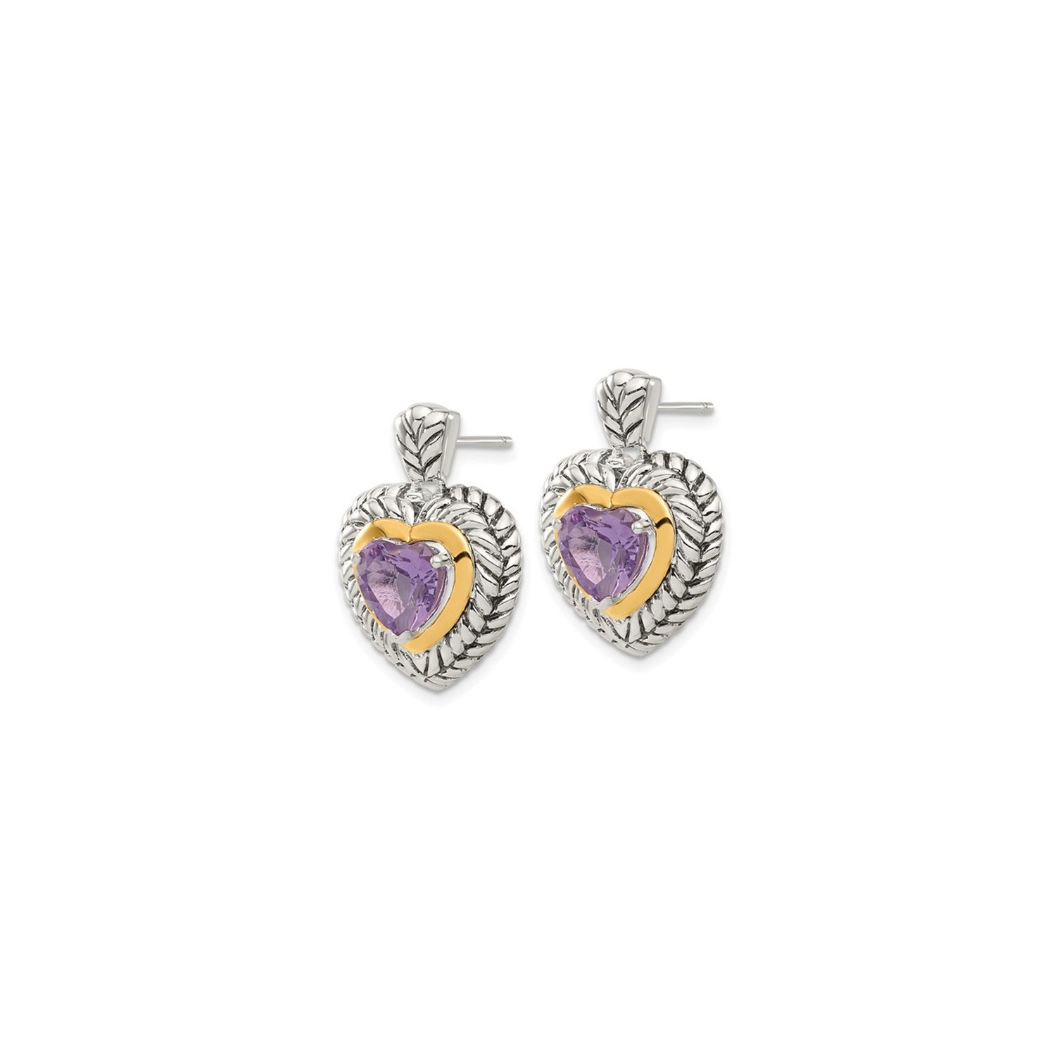 3.60 Carat Amethyst Heart Dangle Earrings in Sterling Silver with 14K Gold Accents