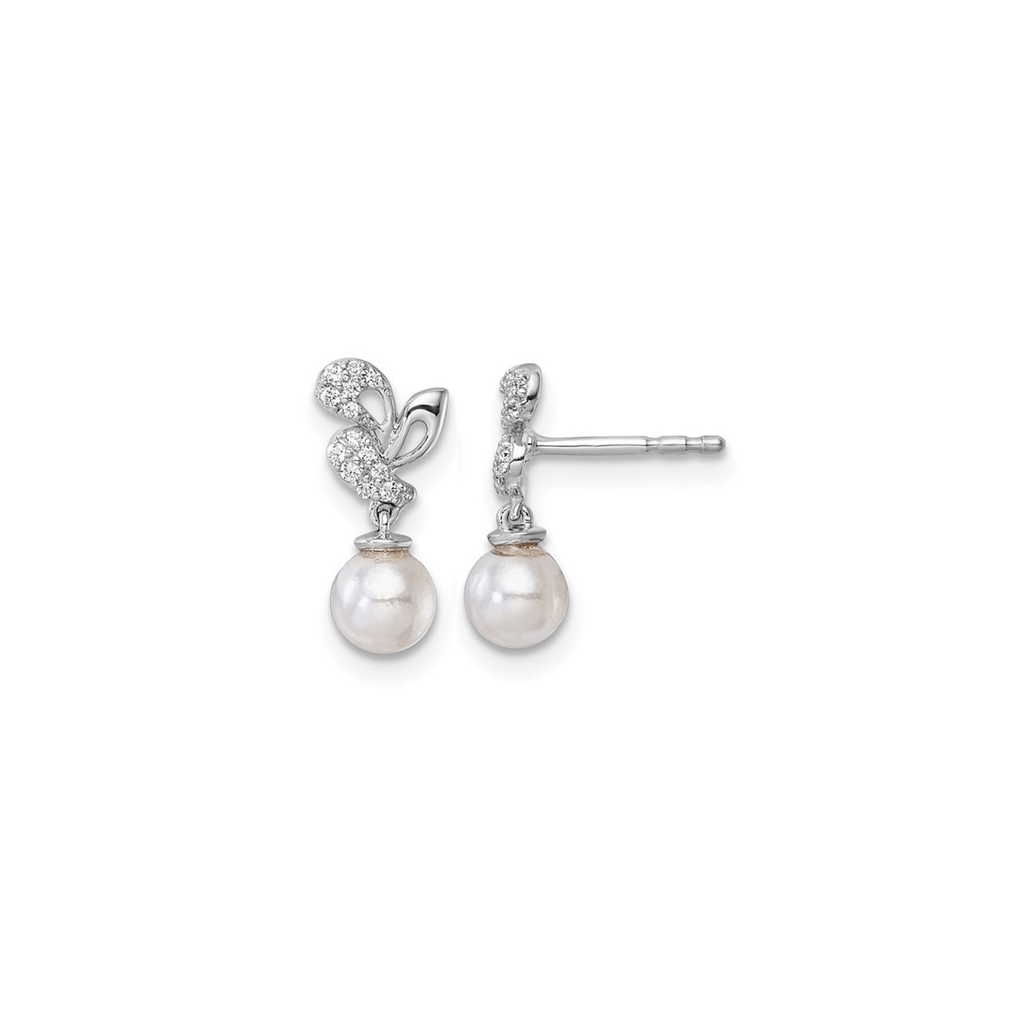 14K White Gold Freshwater Cultured Pearl 5-6mm Dangle Earrings with Diamonds