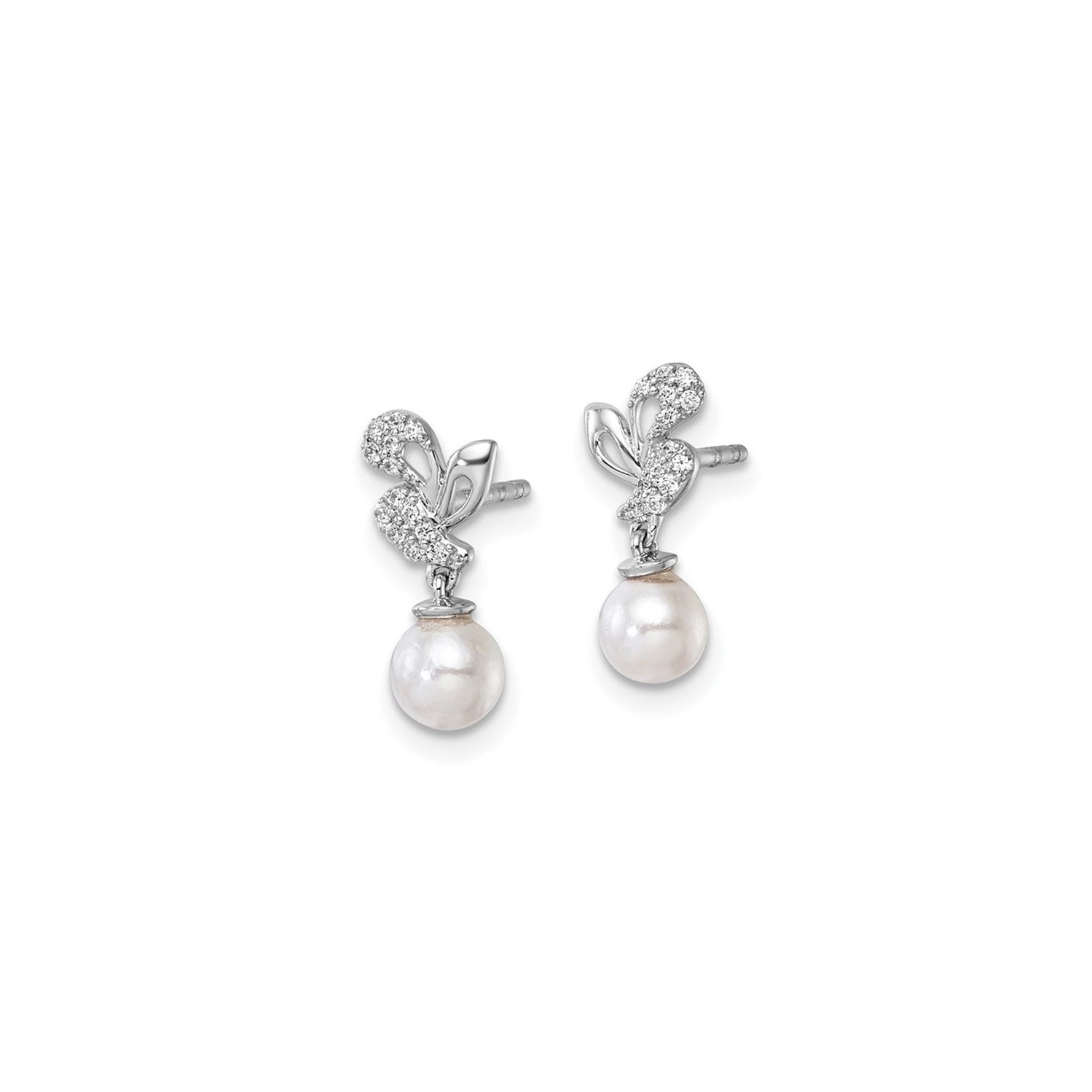 14K White Gold Freshwater Cultured Pearl 5-6mm Dangle Earrings with Diamonds