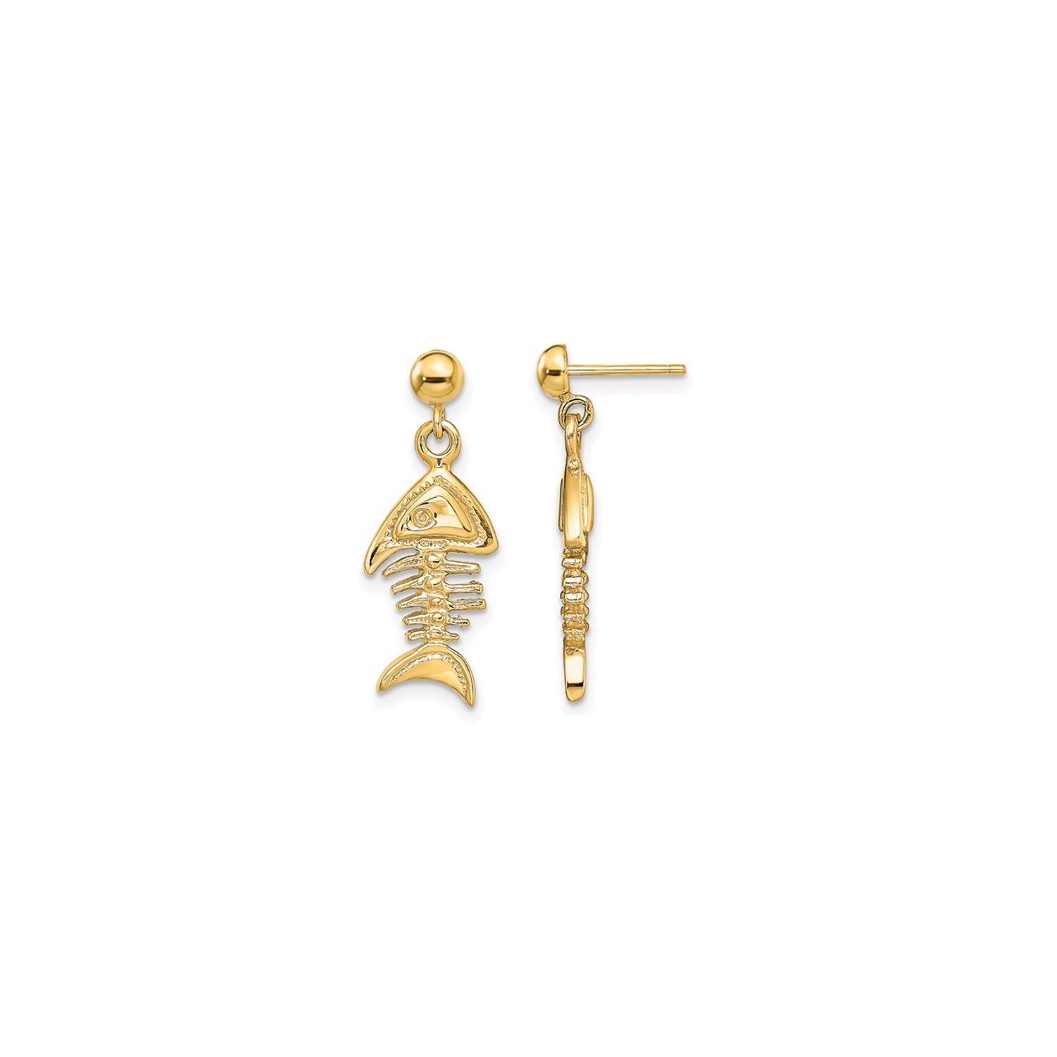 14K Yellow Gold Fishbone Dangle Charm Earrings